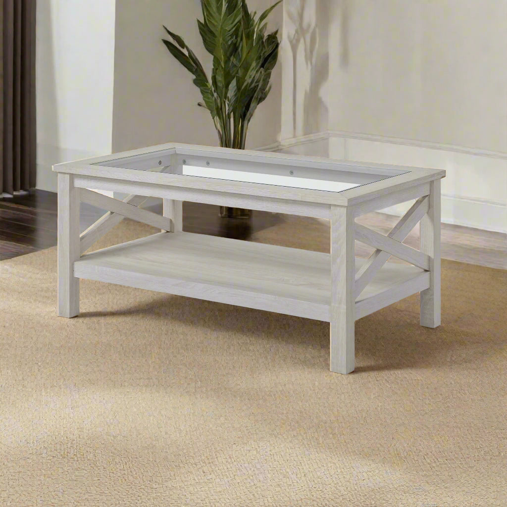 Farmhouse Glass Top Coffee Table with X-Frame Design - White Oak