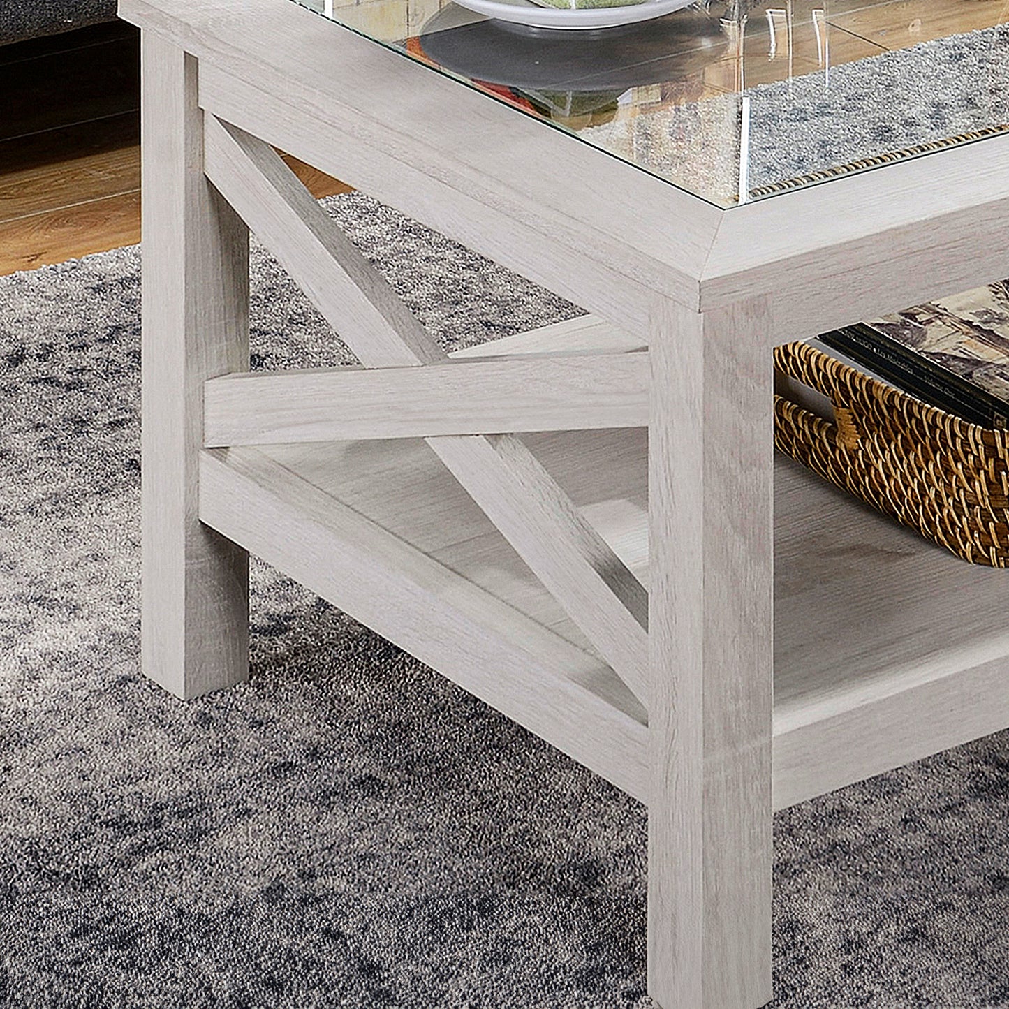 Farmhouse Glass Top Coffee Table with X-Frame Design - White Oak