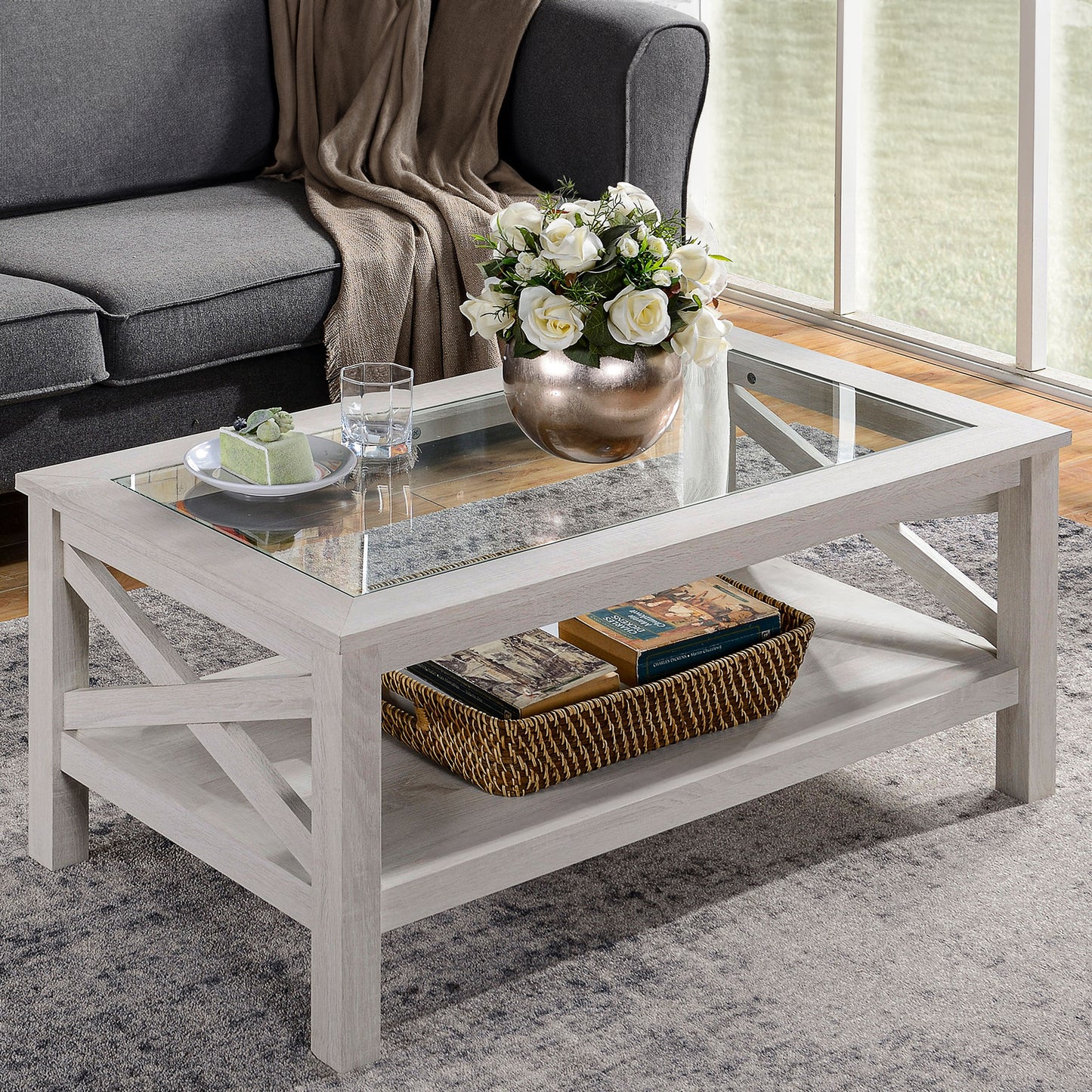 Farmhouse Glass Top Coffee Table with X-Frame Design - White Oak