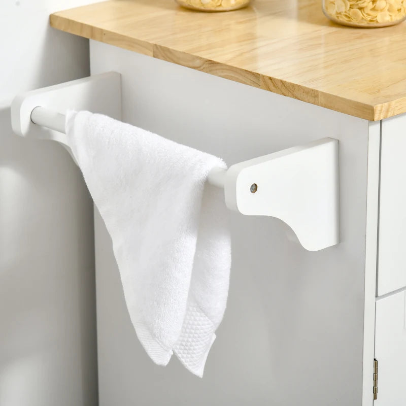 Rolling Kitchen Island Cart with Rubber Wood Top and Storage Drawers, White