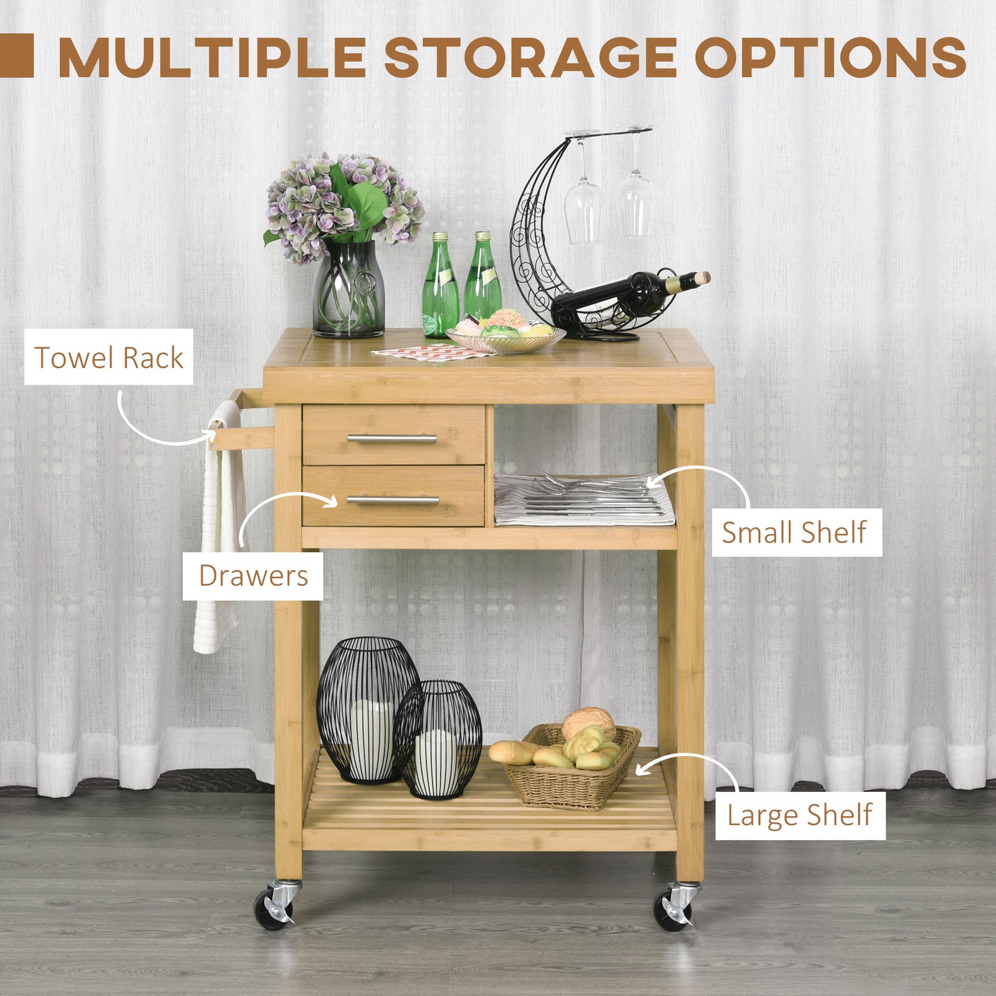 Bamboo Rolling Kitchen Island Trolley with Drawers and Shelves
