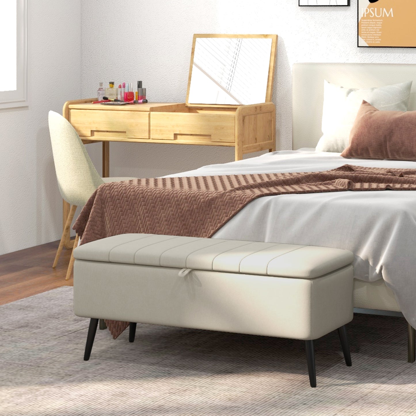 40" Linen Storage Ottoman Bench with Steel Legs, Cream White