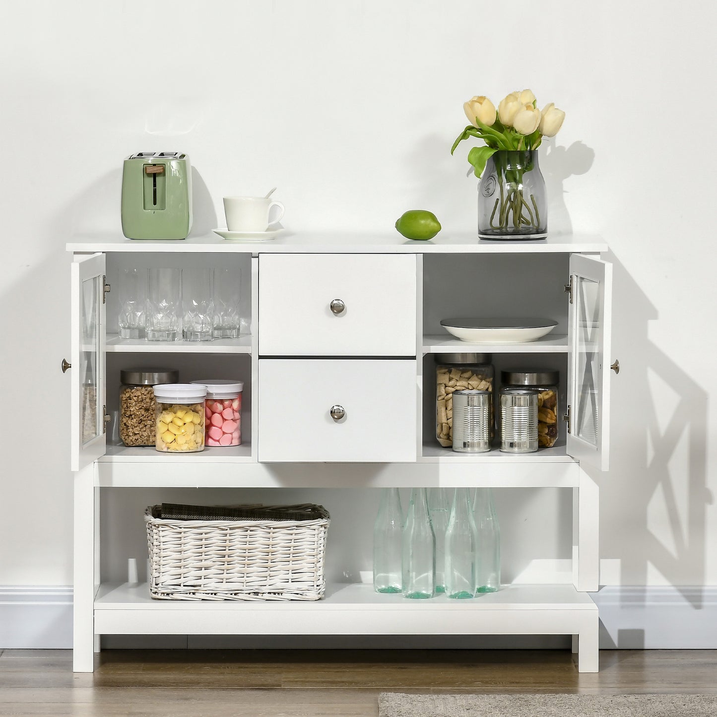 39" Modern Sideboard with X-Design Glass Doors and Storage, White