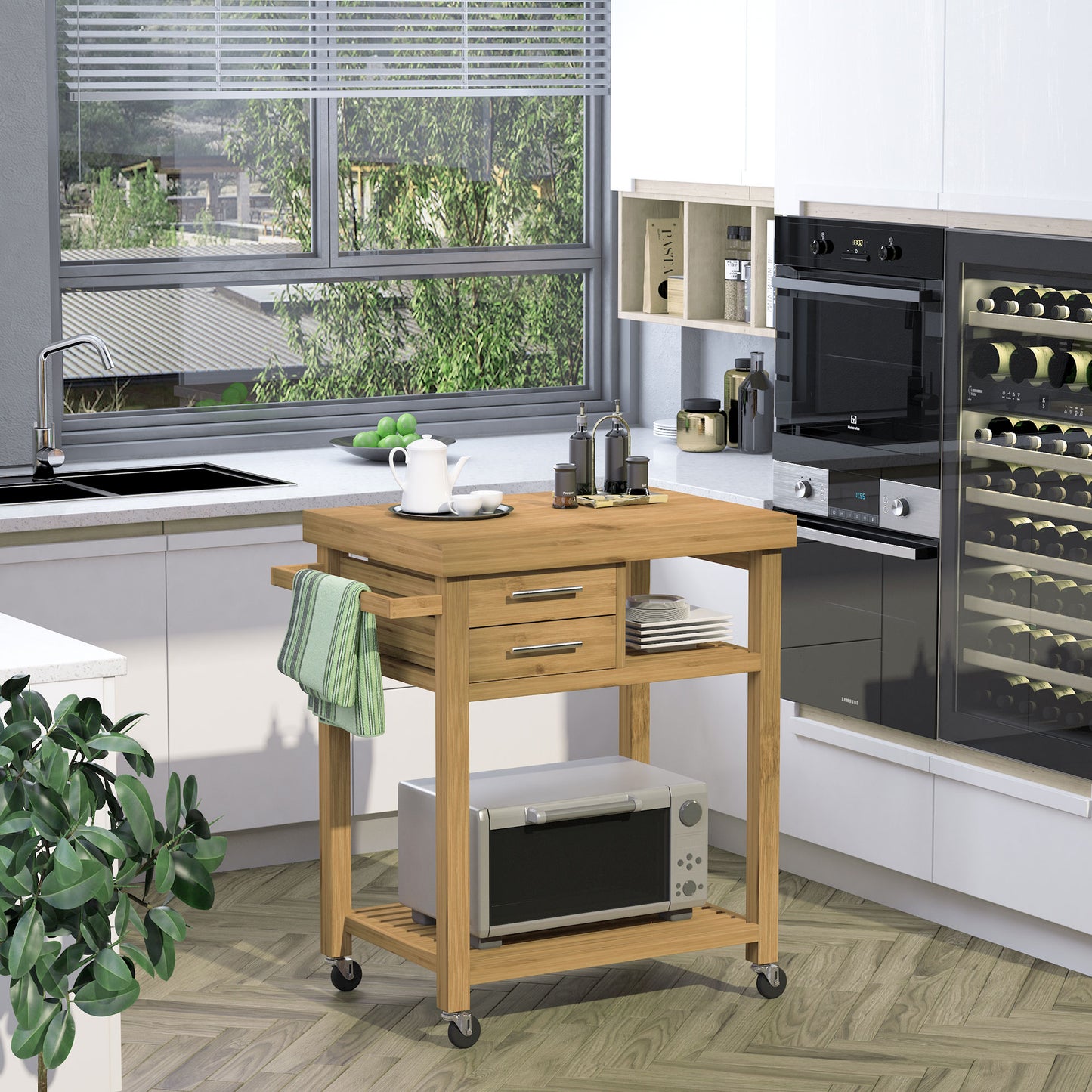 Bamboo Rolling Kitchen Island Trolley with Drawers and Shelves