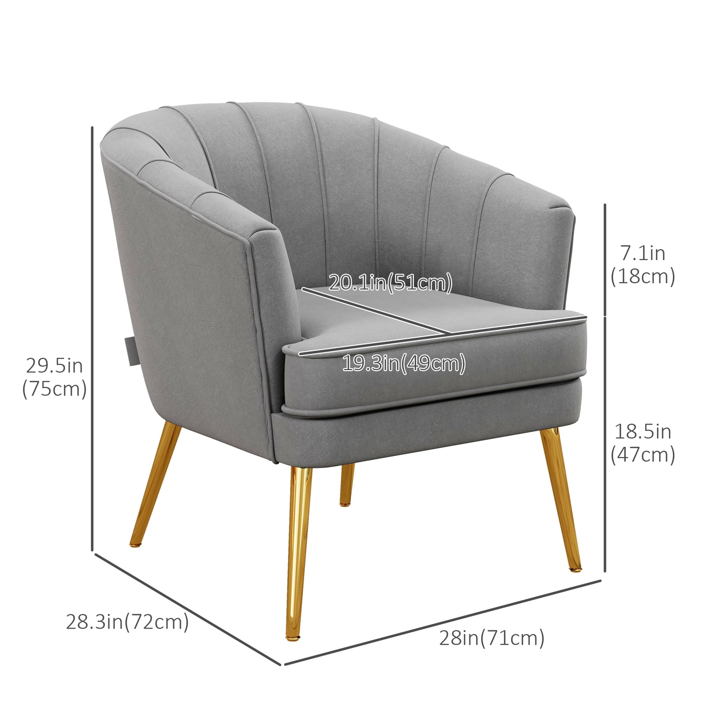 Channel-Tufted Tub Armchair with Velvet Upholstery and Gold Legs, Grey