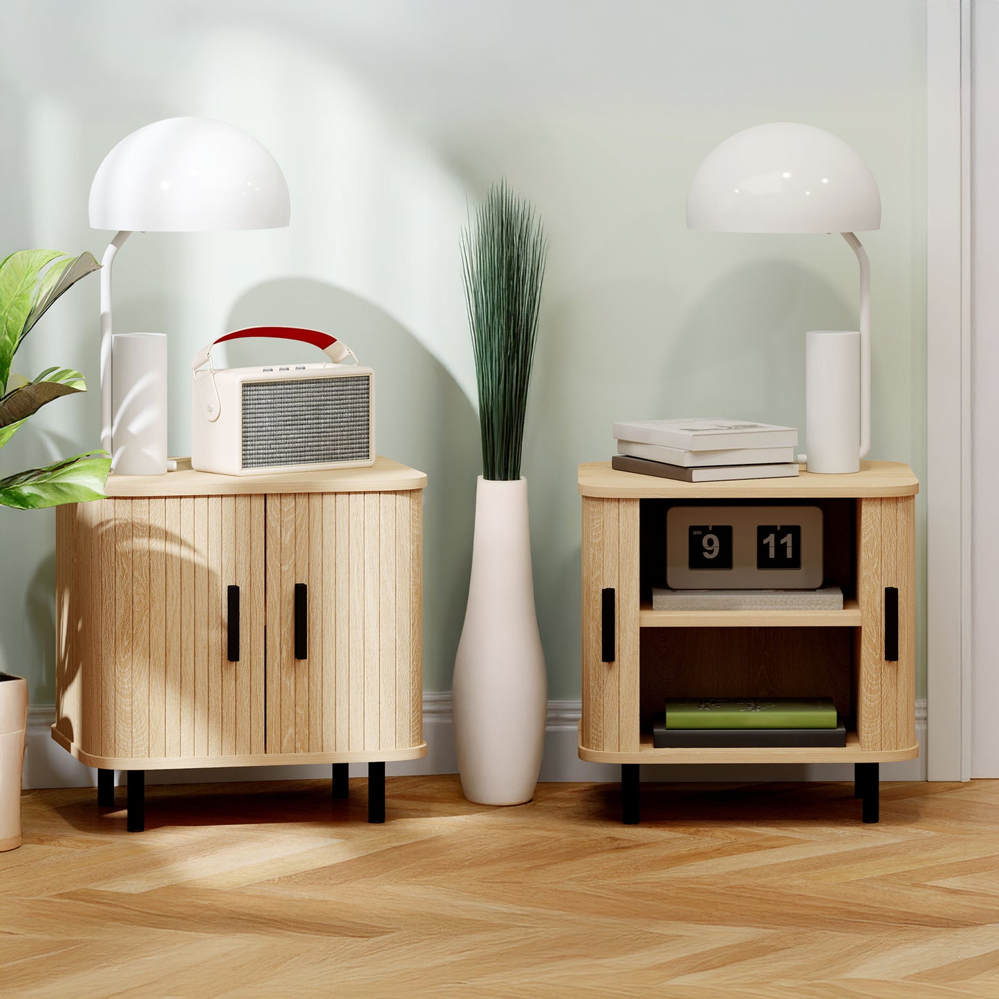 Nordic Nightstands with Sliding Shutter Doors, Oak (Set of 2)