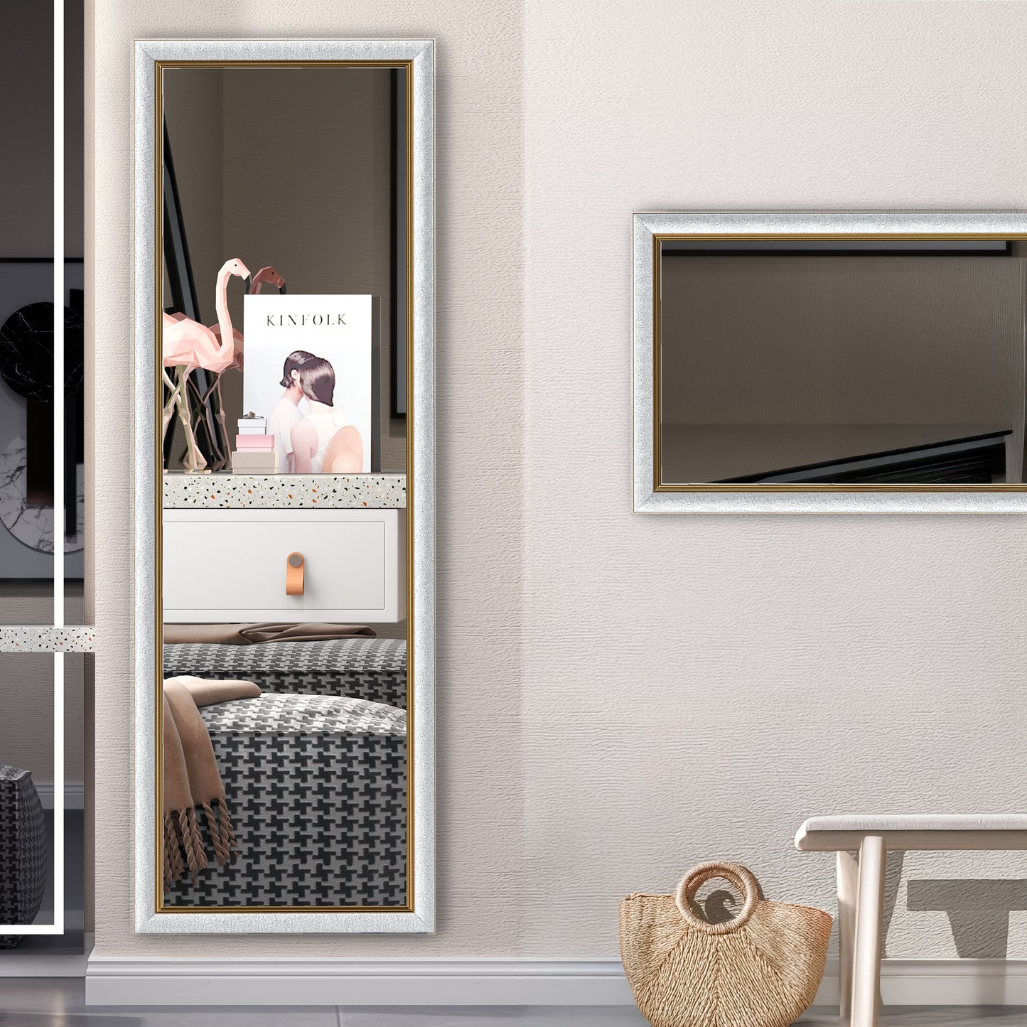 Full Length Floor Mirror with Silver Frame, 64" x 21", Versatile Standing, Leaning or Wall Mount