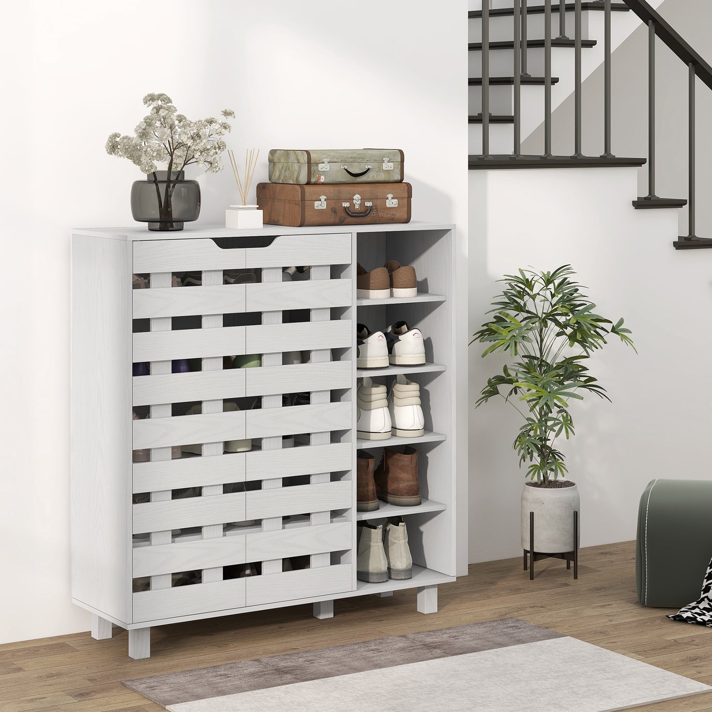 21 Pair Shoe Storage Cabinet with Double Doors and Open Shelves, White