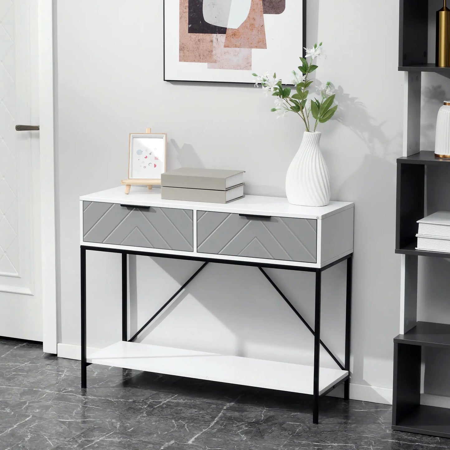 39" Modern Console Table with Herringbone Pattern Drawers, White