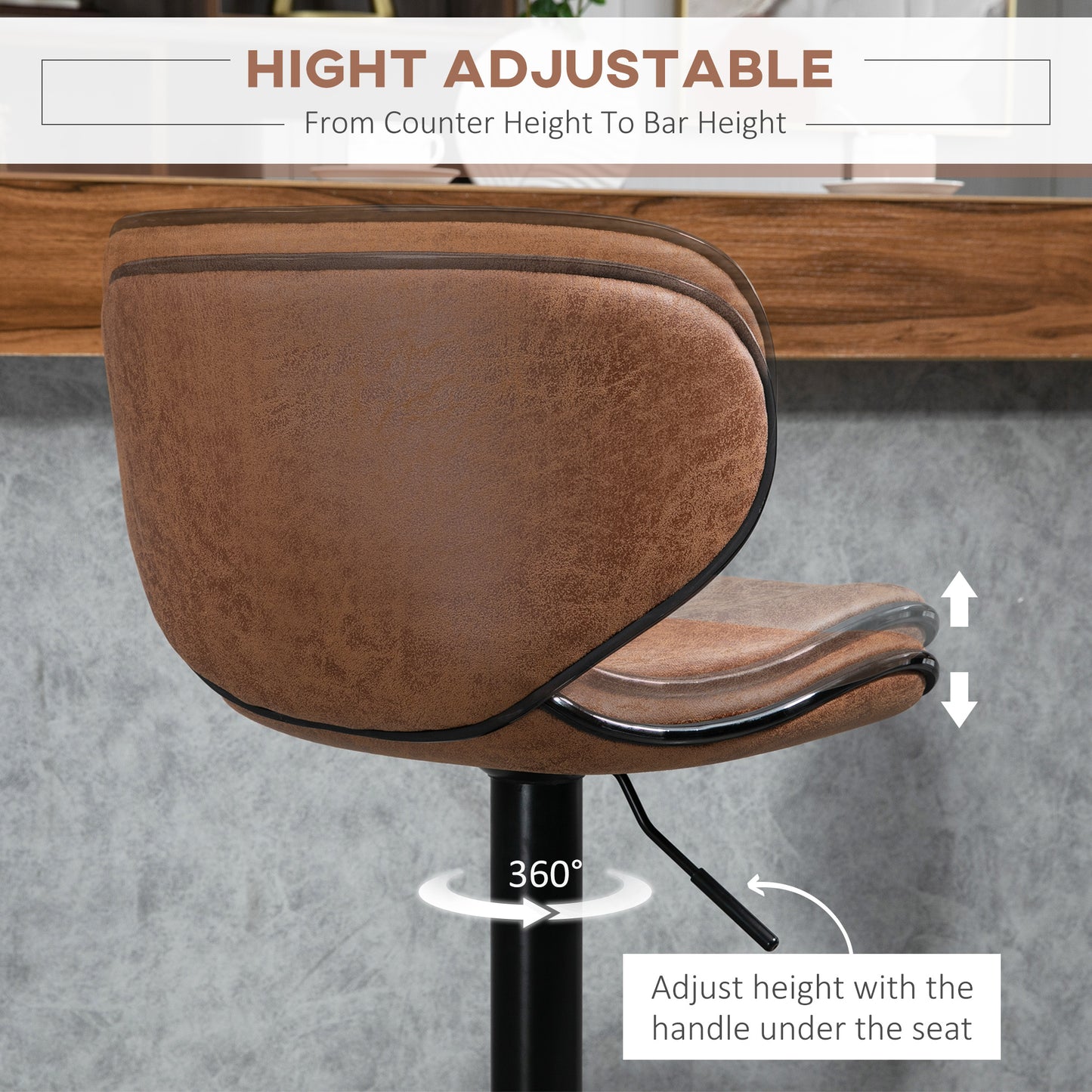 Adjustable Height Swivel Bar Stools with Microfiber Upholstery, Brown (Set of 2)