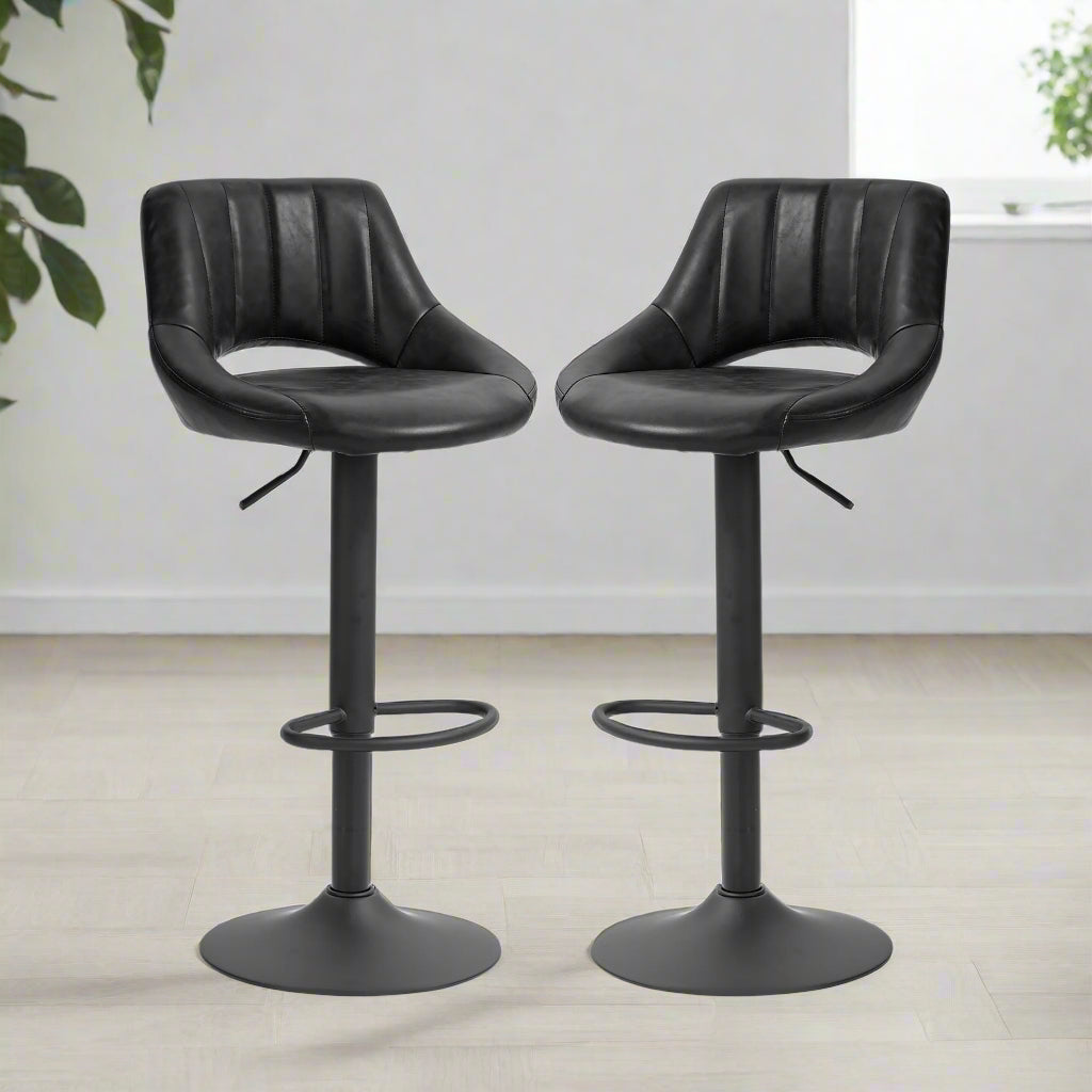 Adjustable Height Swivel Bar Stools with Faux Leather Upholstery, Black (Set of 2)