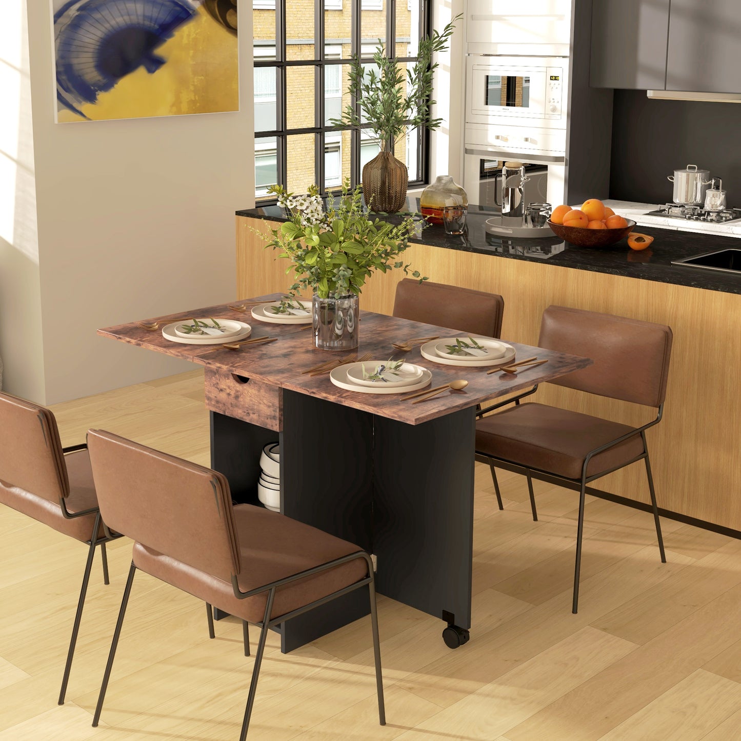 Folding Dining Table with Drawer and Storage Shelves - Rustic Brown