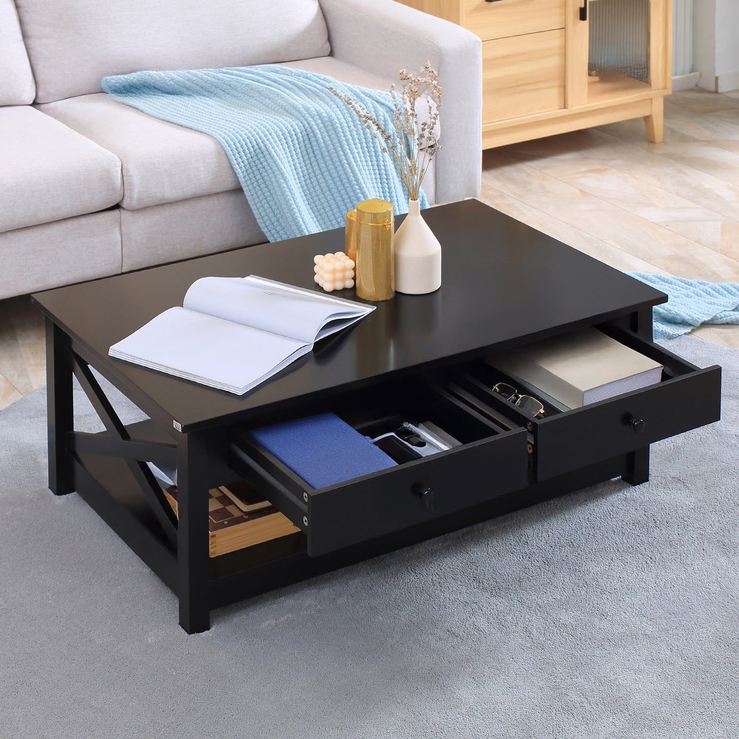 Farmhouse Coffee Table with Drawers and X-Frame, Black