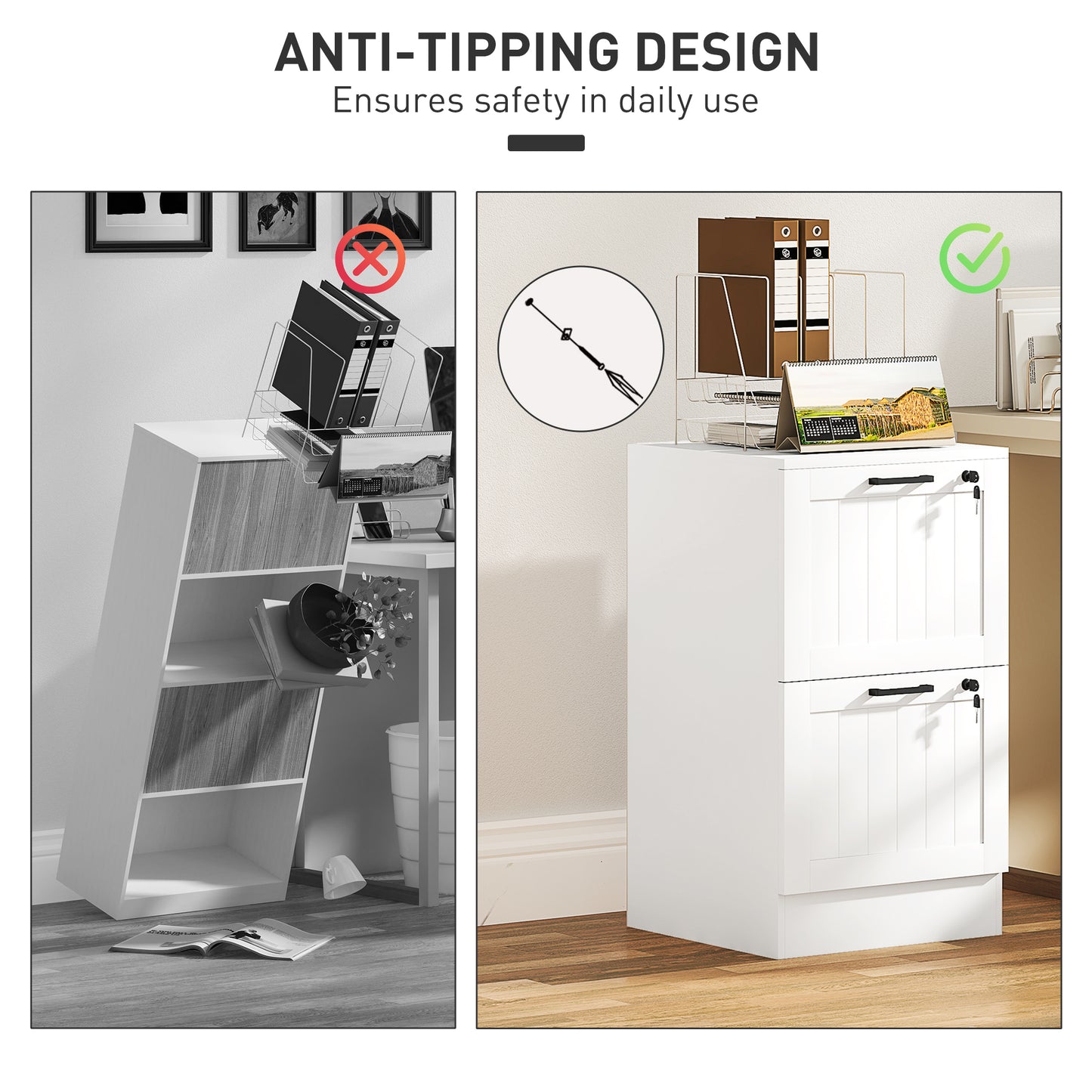 2-Drawer Locking File Cabinet with Adjustable Hanging Bars - White