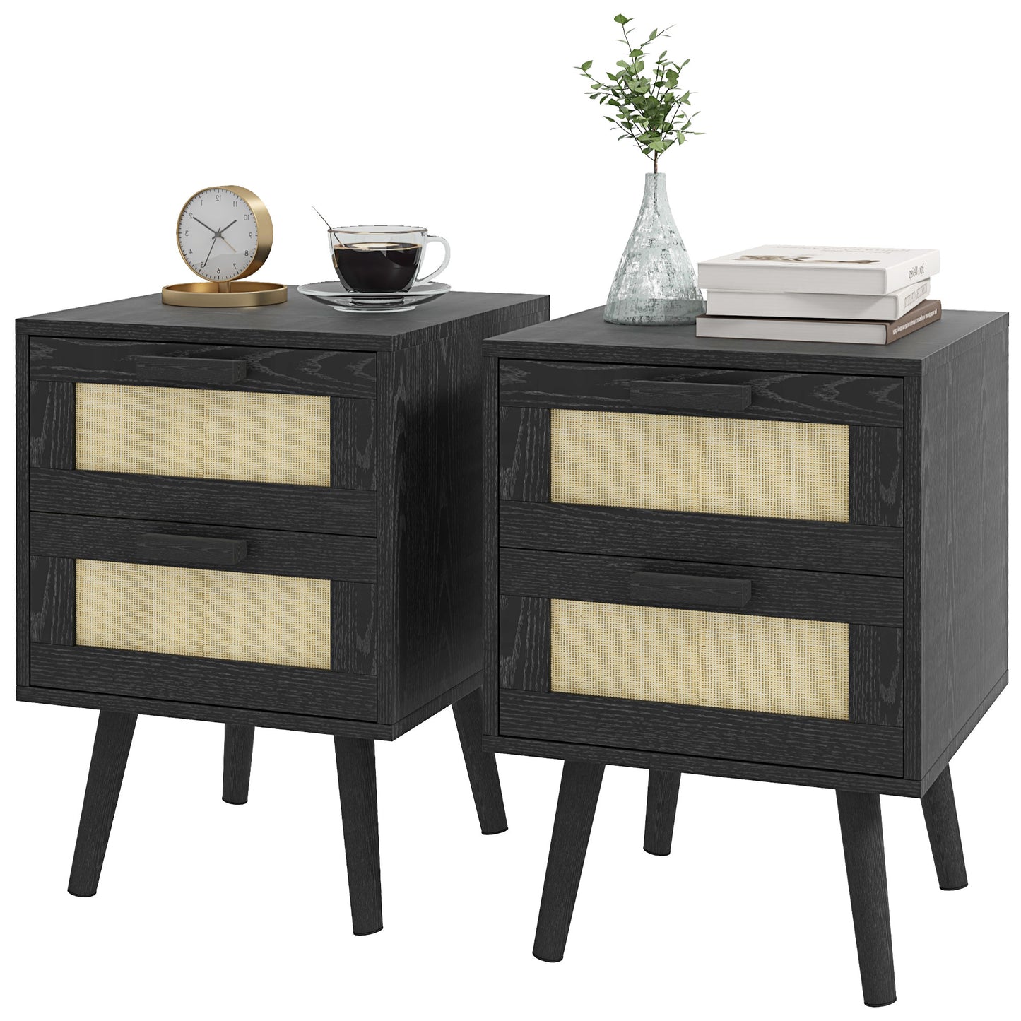 Boho Nightstands with Woven Rattan Drawers, Black (Set of 2)