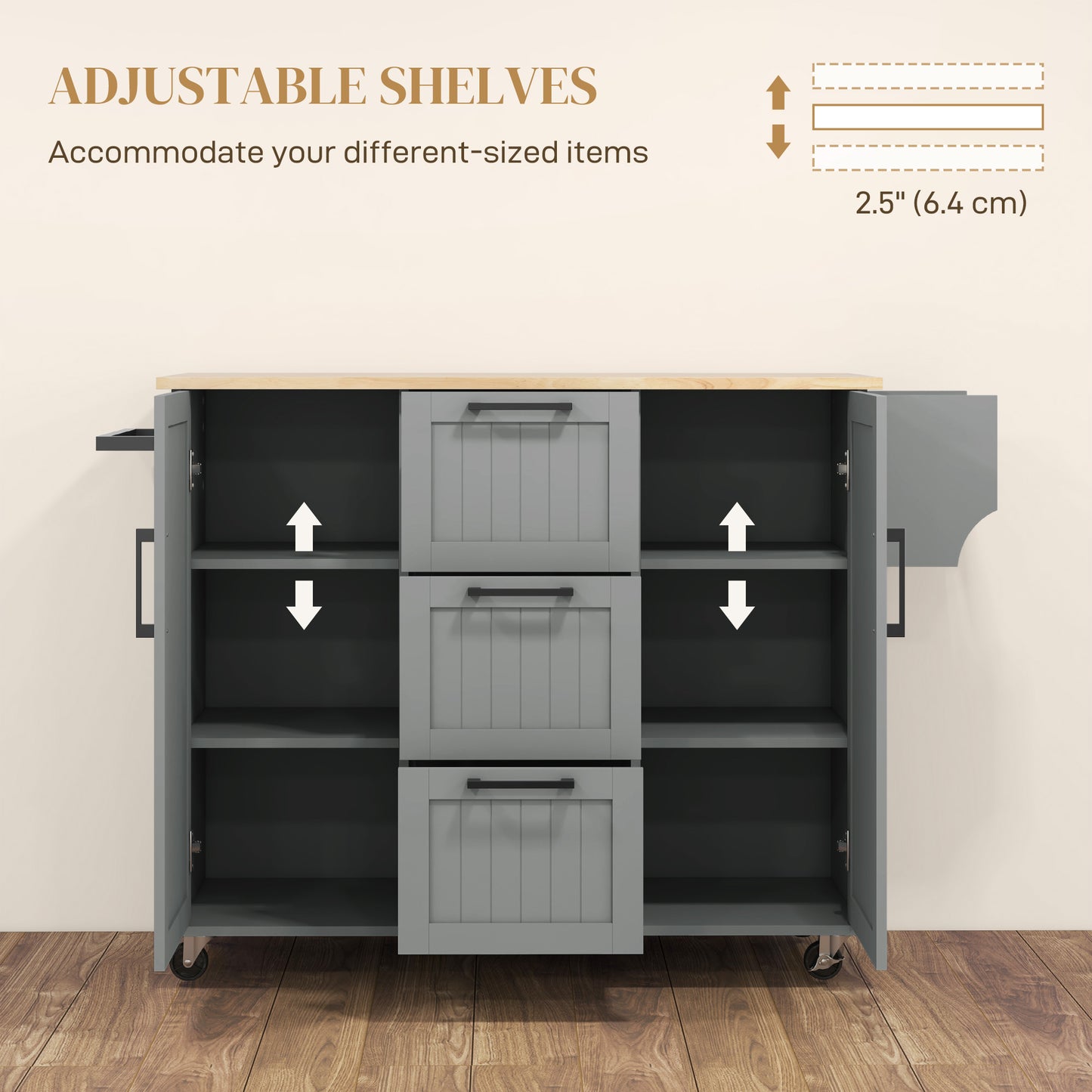 Rolling Kitchen Cart with Drop Leaf, 3 Drawers and Solid Wood Top, Grey