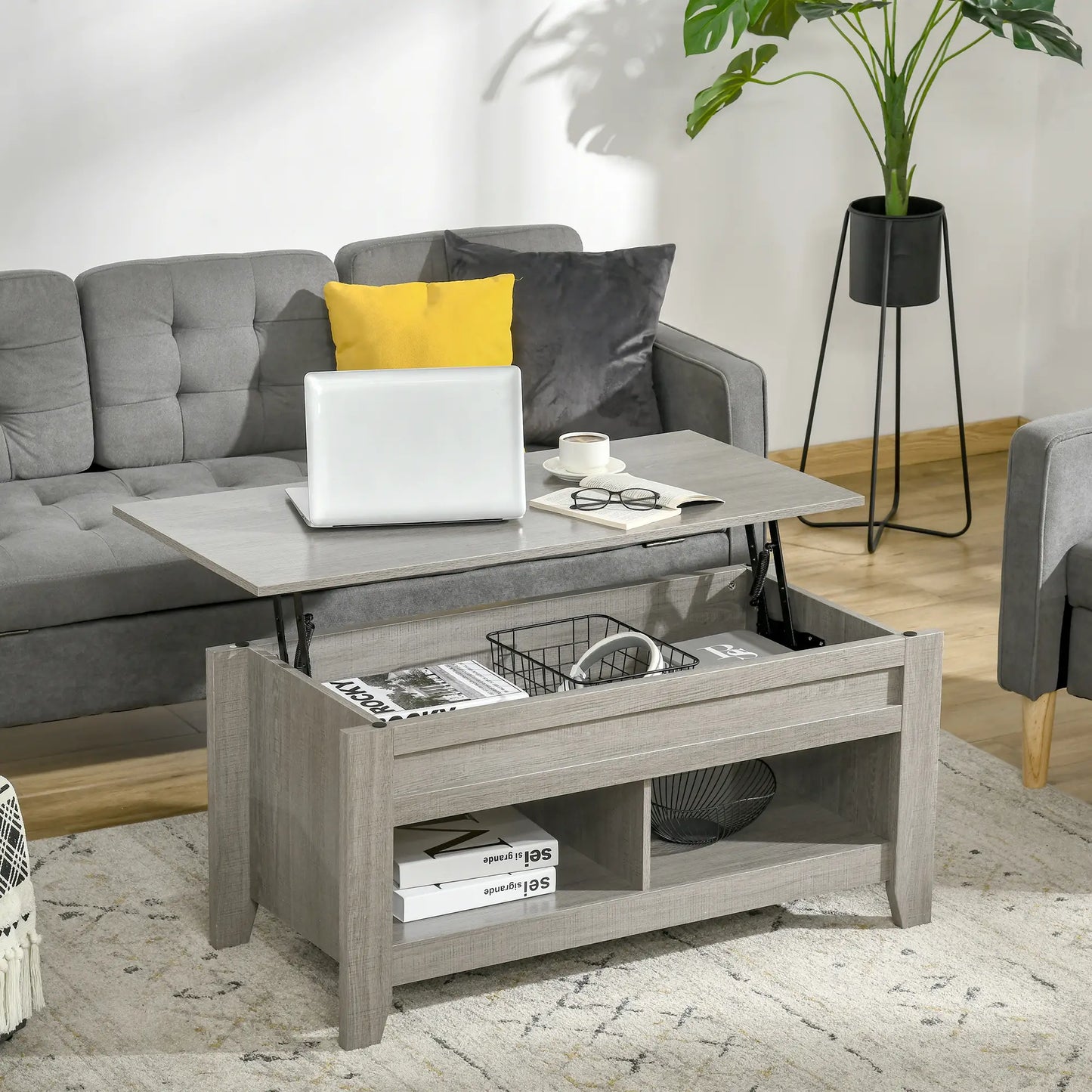 Lift Top Coffee Table with Hidden Storage, Light Gray