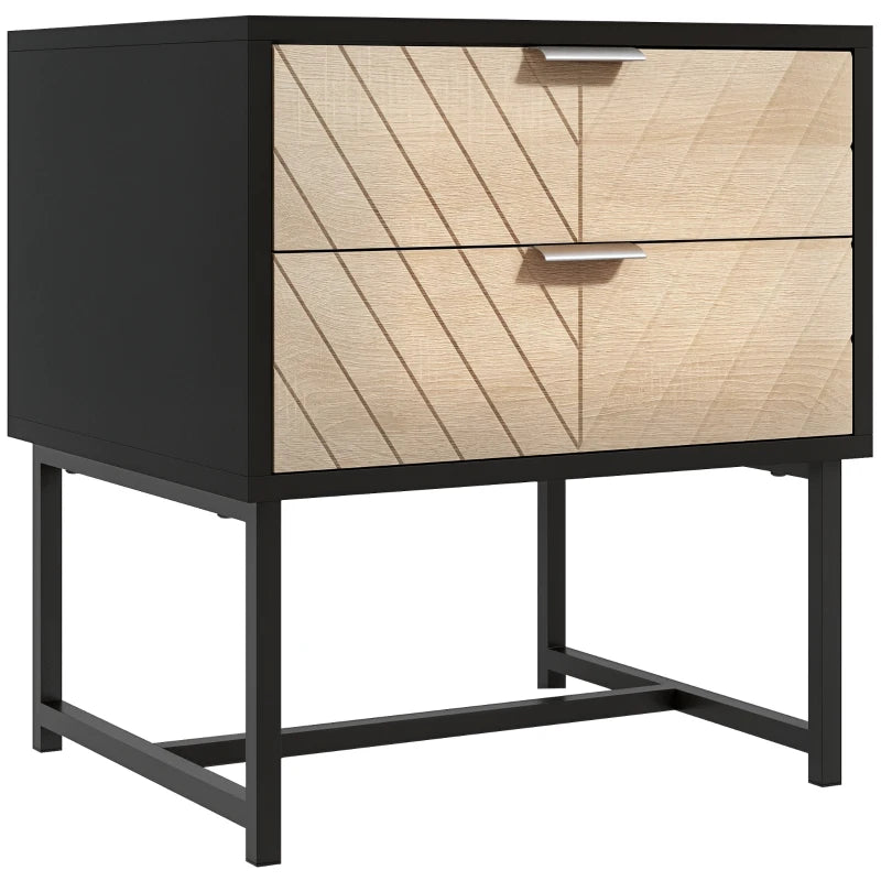 Modern Herringbone Nightstand with Steel Frame, Black and Oak