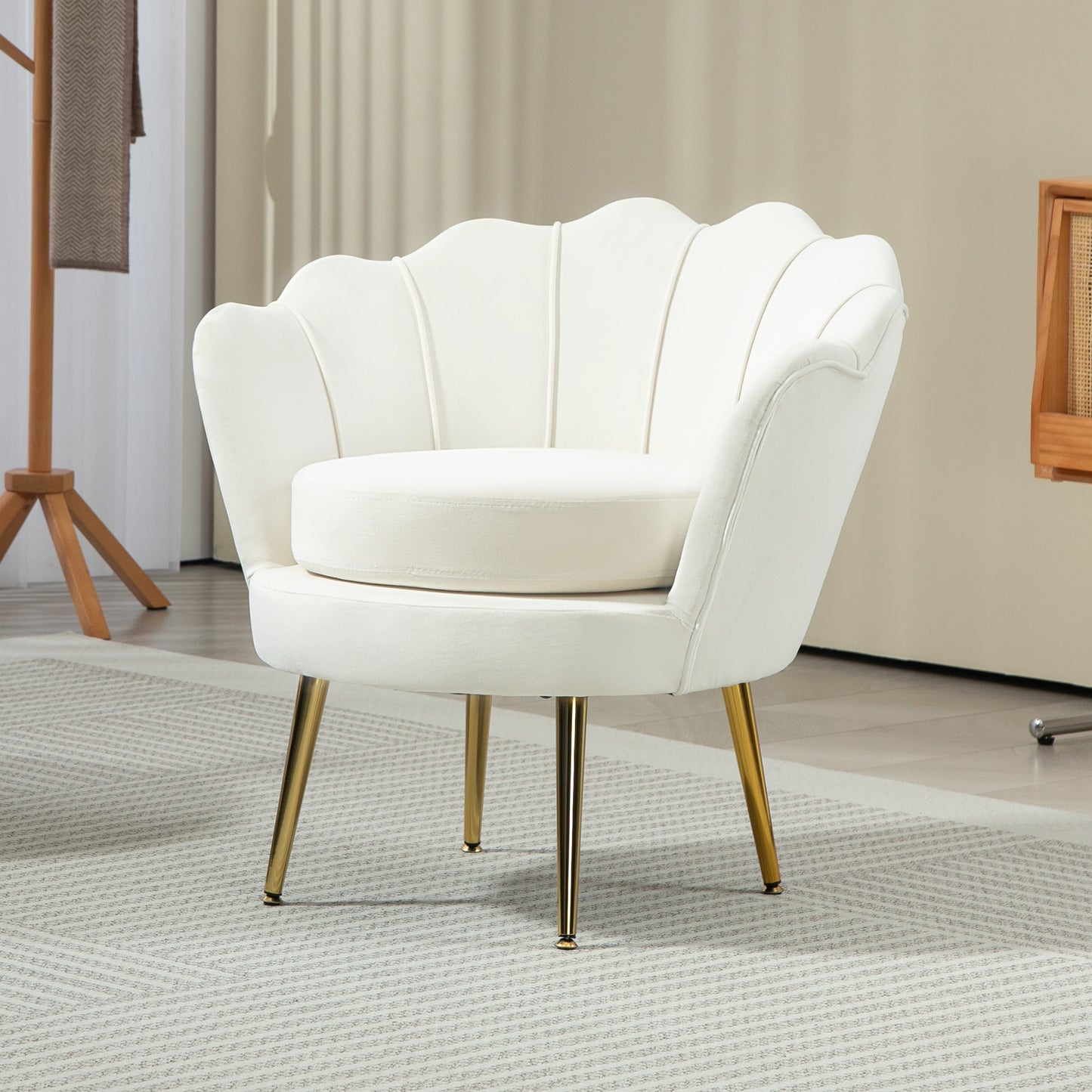 Modern Velvet Accent Chair with Lotus Backrest and Gold Legs, Cream White