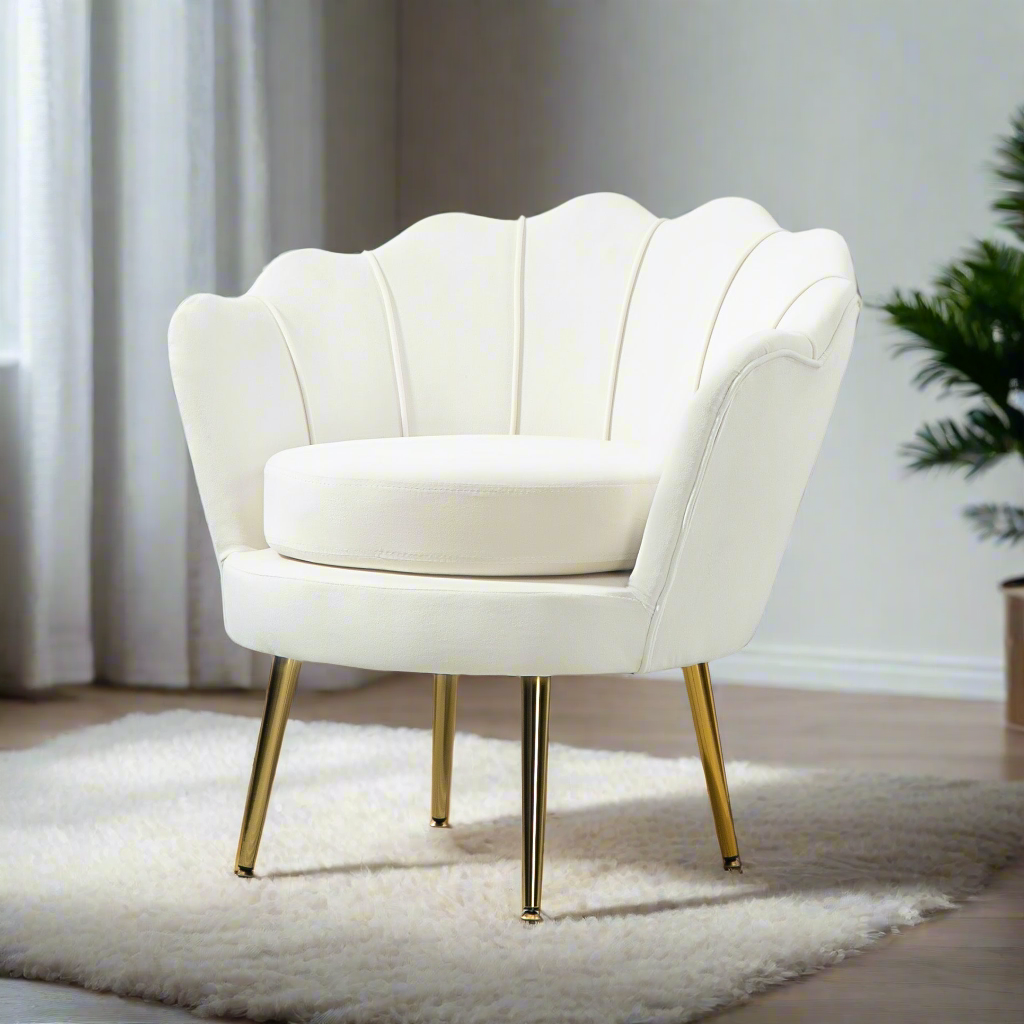 Modern Velvet Accent Chair with Lotus Backrest and Gold Legs, Cream White
