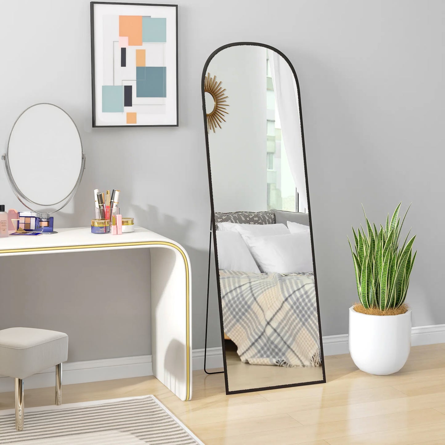 Arched Full Length Mirror with Black Frame, 64" x 20", Versatile Standing or Wall Mount