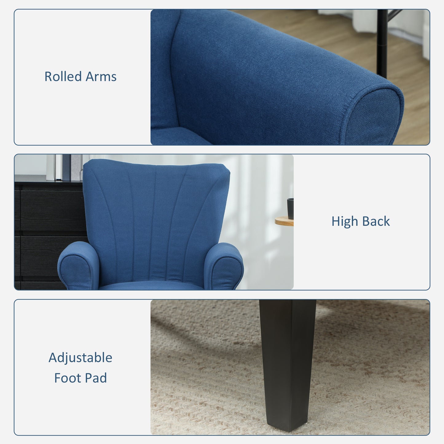 Fabric Wingback Accent Chair with Wood Legs, Dark Blue