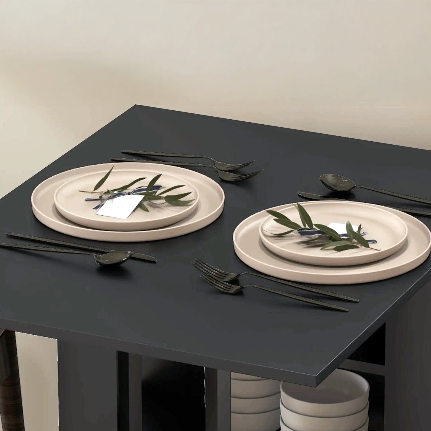 Folding Dining Table with Built-In Storage Shelves - Black