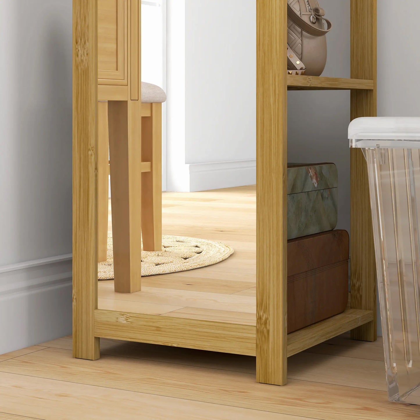 Standing Full Length Mirror with 6-Tier Storage Shelf, 66" x 14", Natural Wood