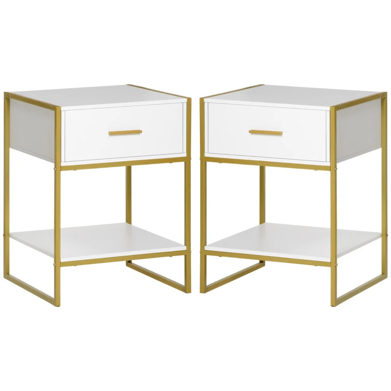 Modern Nightstands with Gold Steel Frame, White (Set of 2)