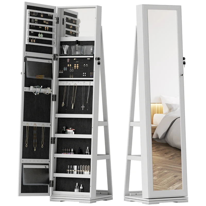 360° Swivel Jewelry Armoire with Lockable Mirror Cabinet, White