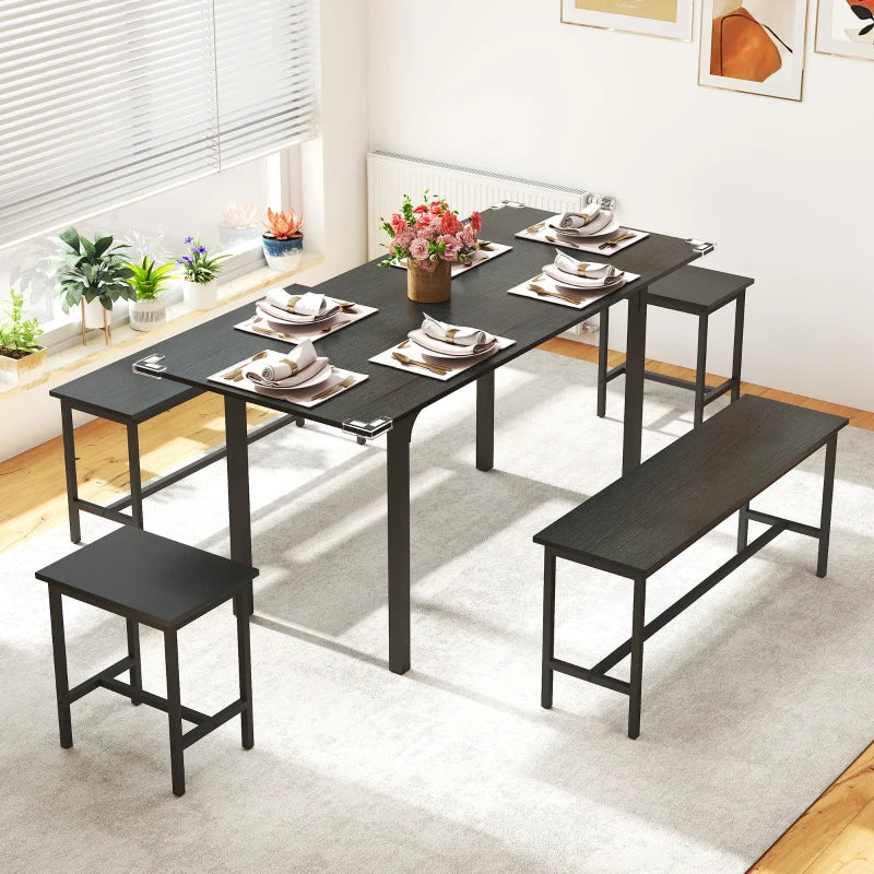 5-Piece Extendable Dining Set with Benches and Stools - Black