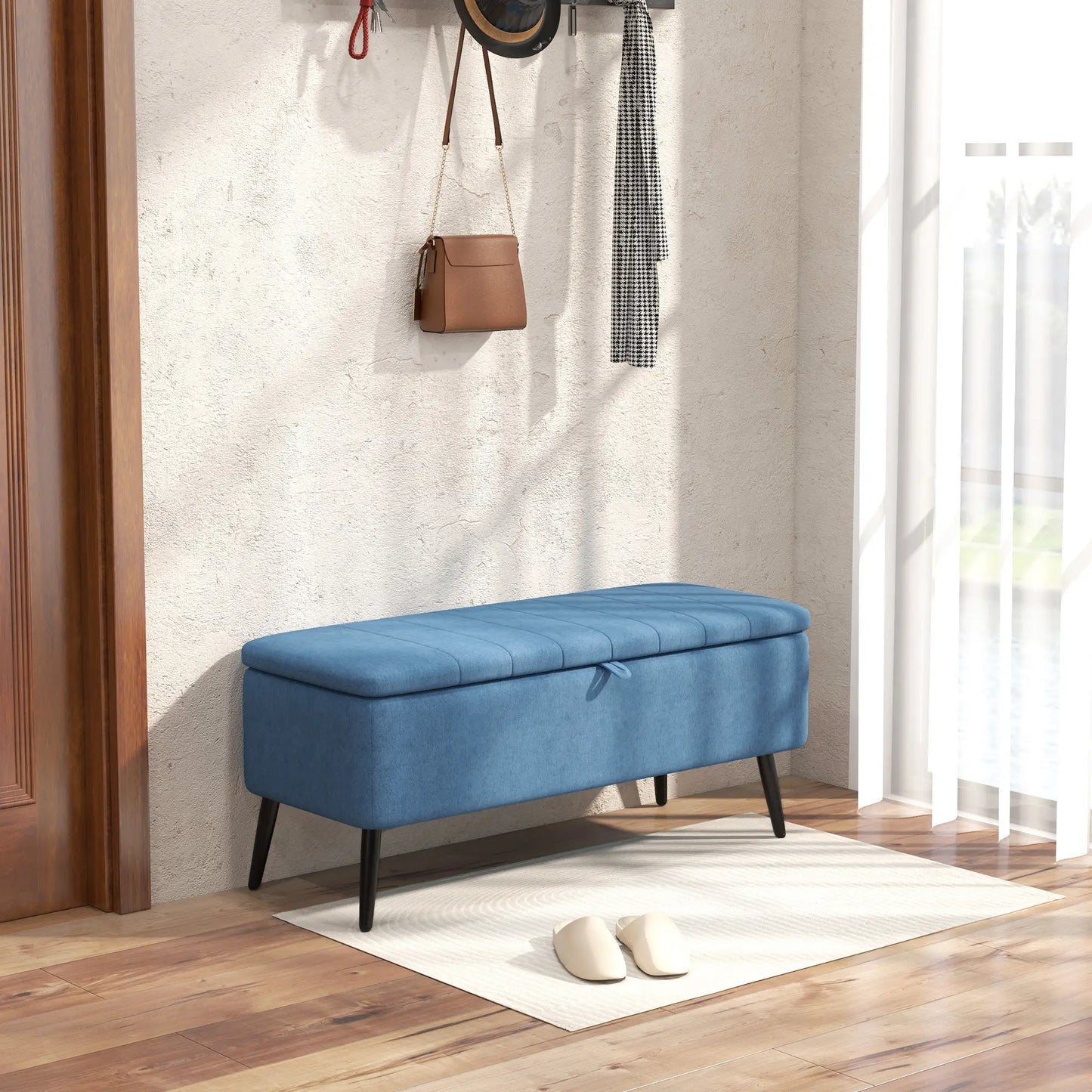 40" Linen Storage Ottoman Bench with Steel Legs, Dark Blue