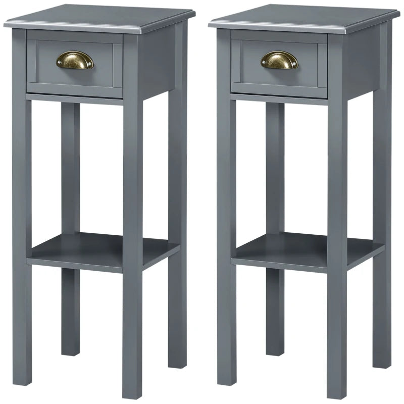 Narrow Tall Side Tables with Drawer and Shelf, Gray (Set of 2)
