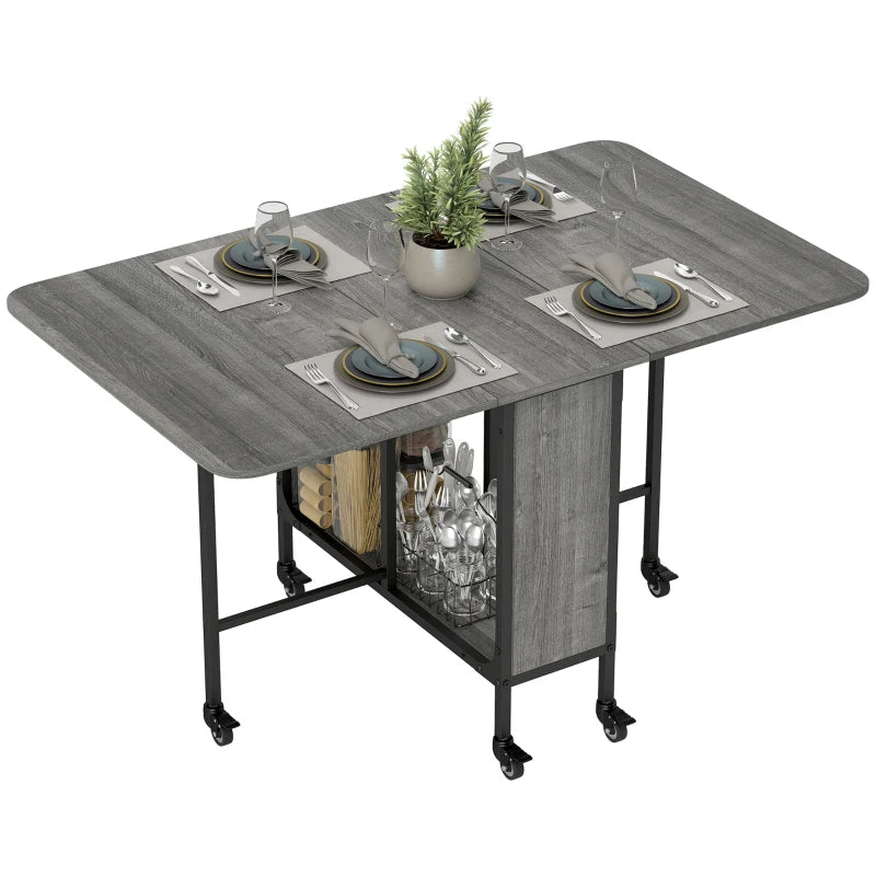 Folding Dining Table with Storage Shelf and 6 Wheels - Distressed Gray