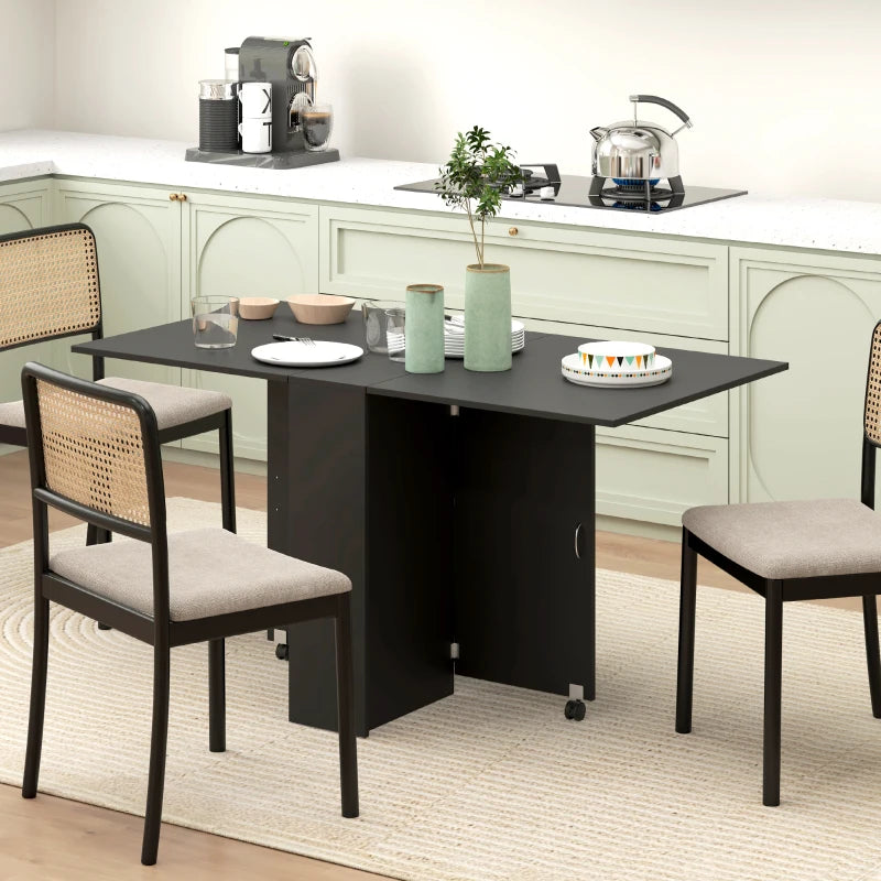 Extendable Dining Table with Storage Shelves and Rolling Wheels - Black