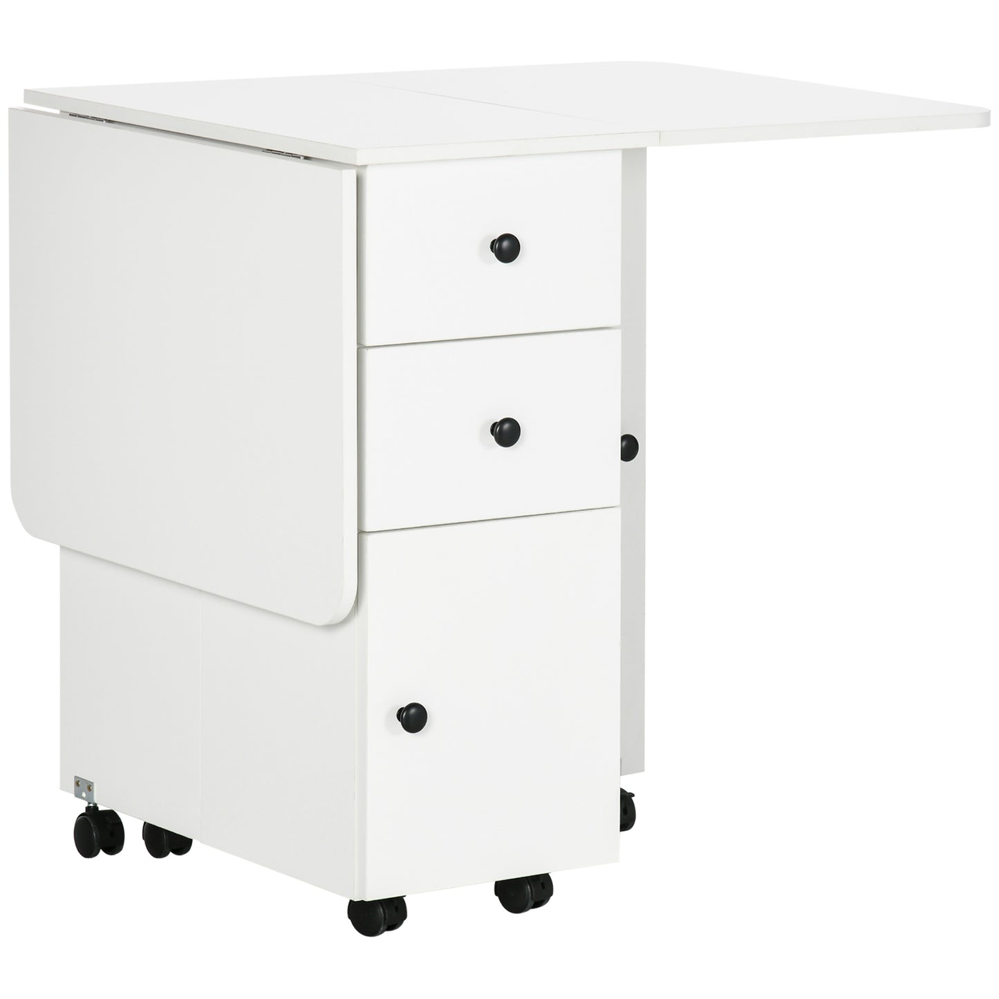 Rolling Dining Table with Storage Drawers and Cabinet - White