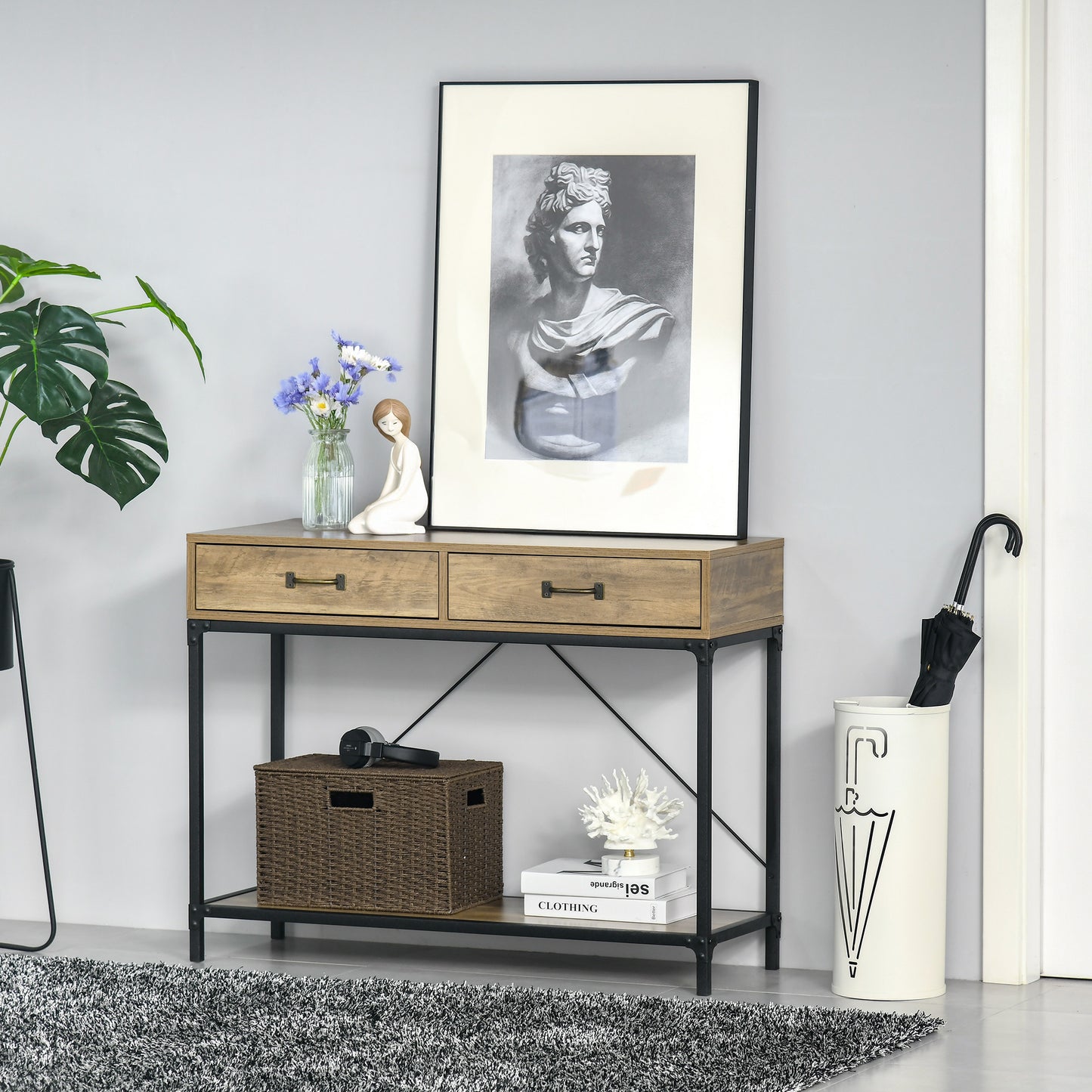 39" Vintage Console Table with Industrial Frame and Storage, Brown