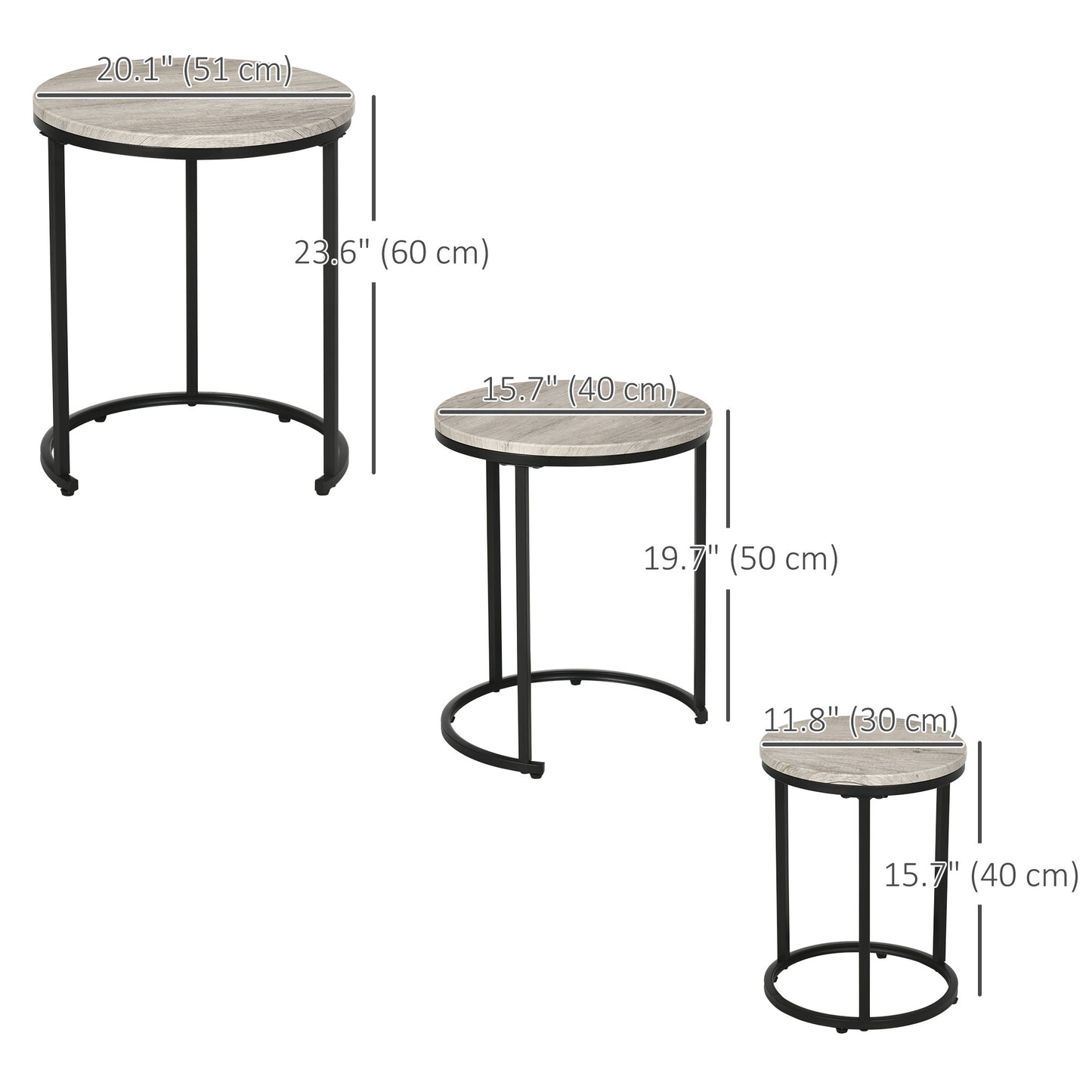 Round Nesting Coffee Table Set of 3 with Steel Frame - Grey