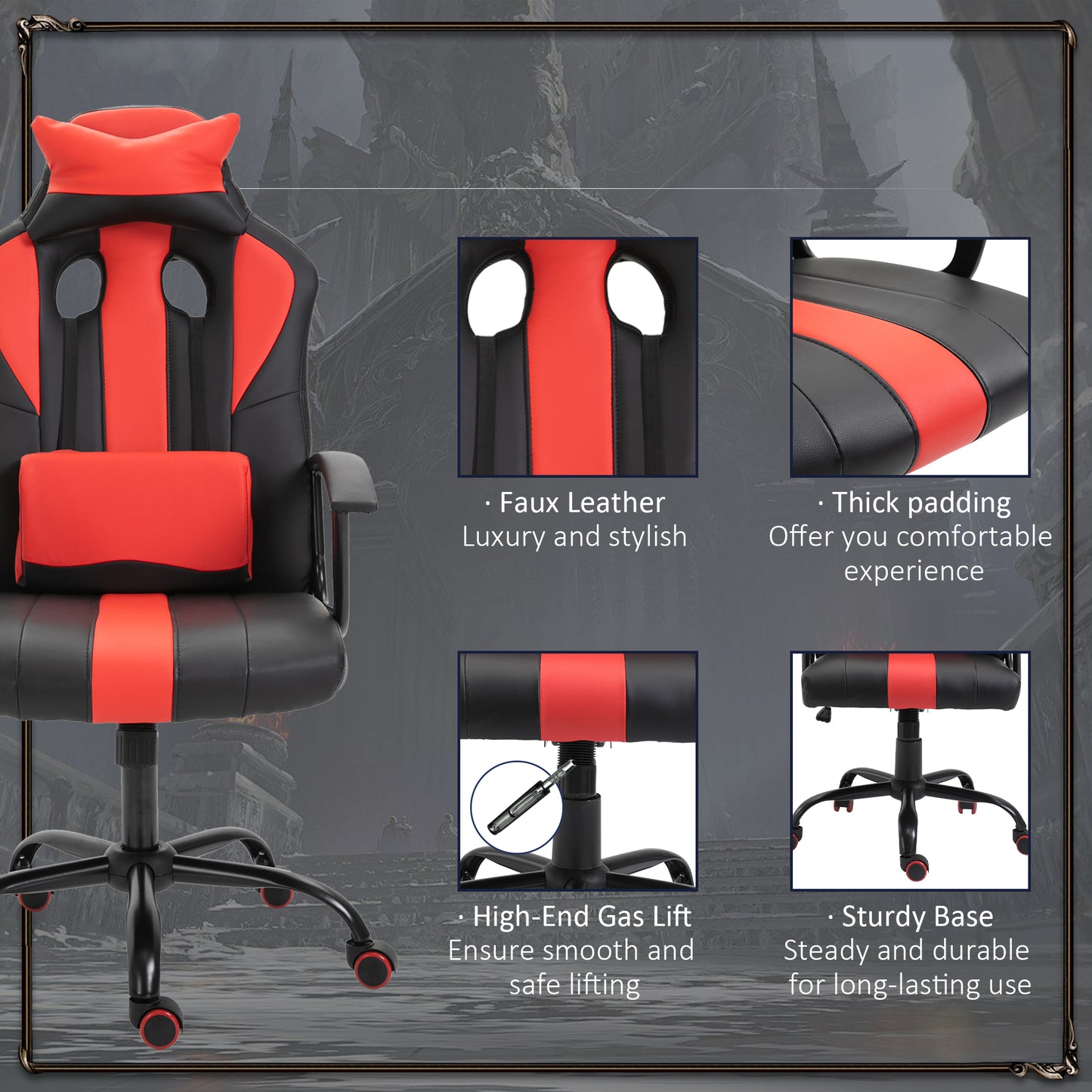 High-Back Racing Style Gaming Chair with Lumbar Support, Red and Black
