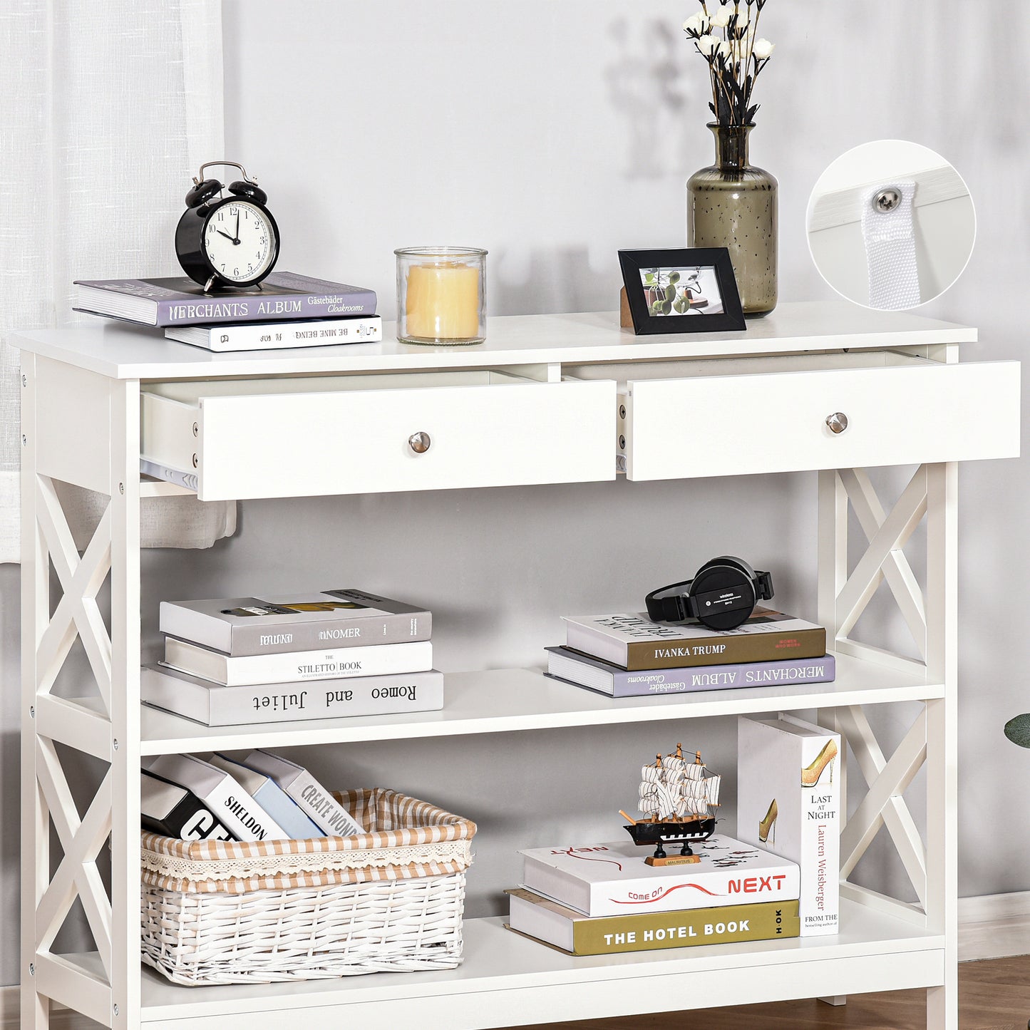 39" Console Table with X-Frame Design and Storage Drawers, White