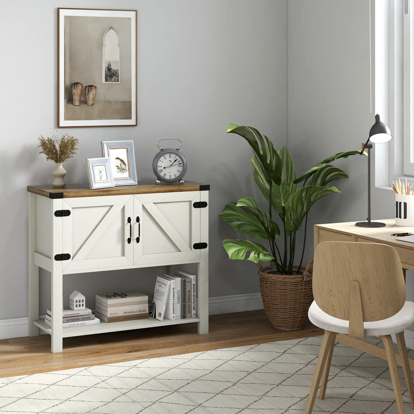 35" Farmhouse Storage Cabinet with Barn Doors and Bottom Shelf, White