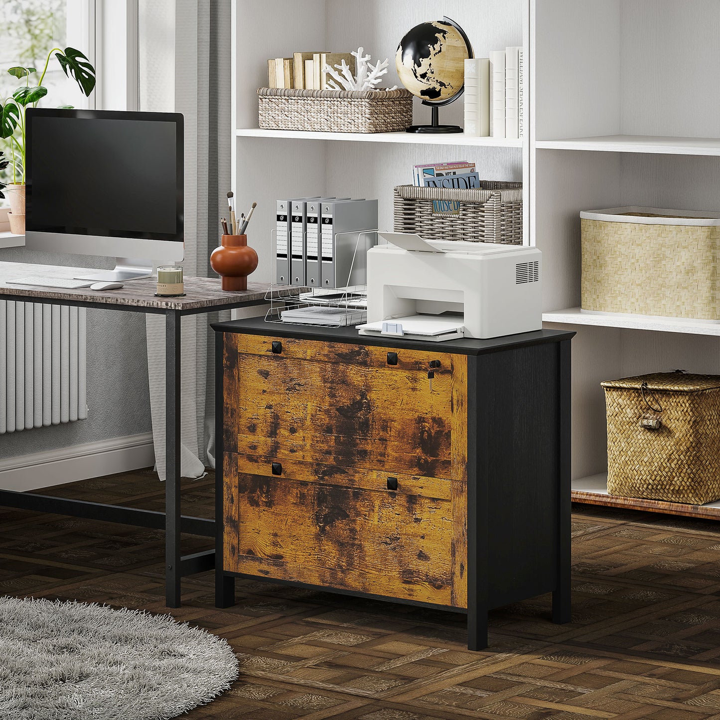 2-Drawer Wooden File Cabinet with Lock - Rustic Brown