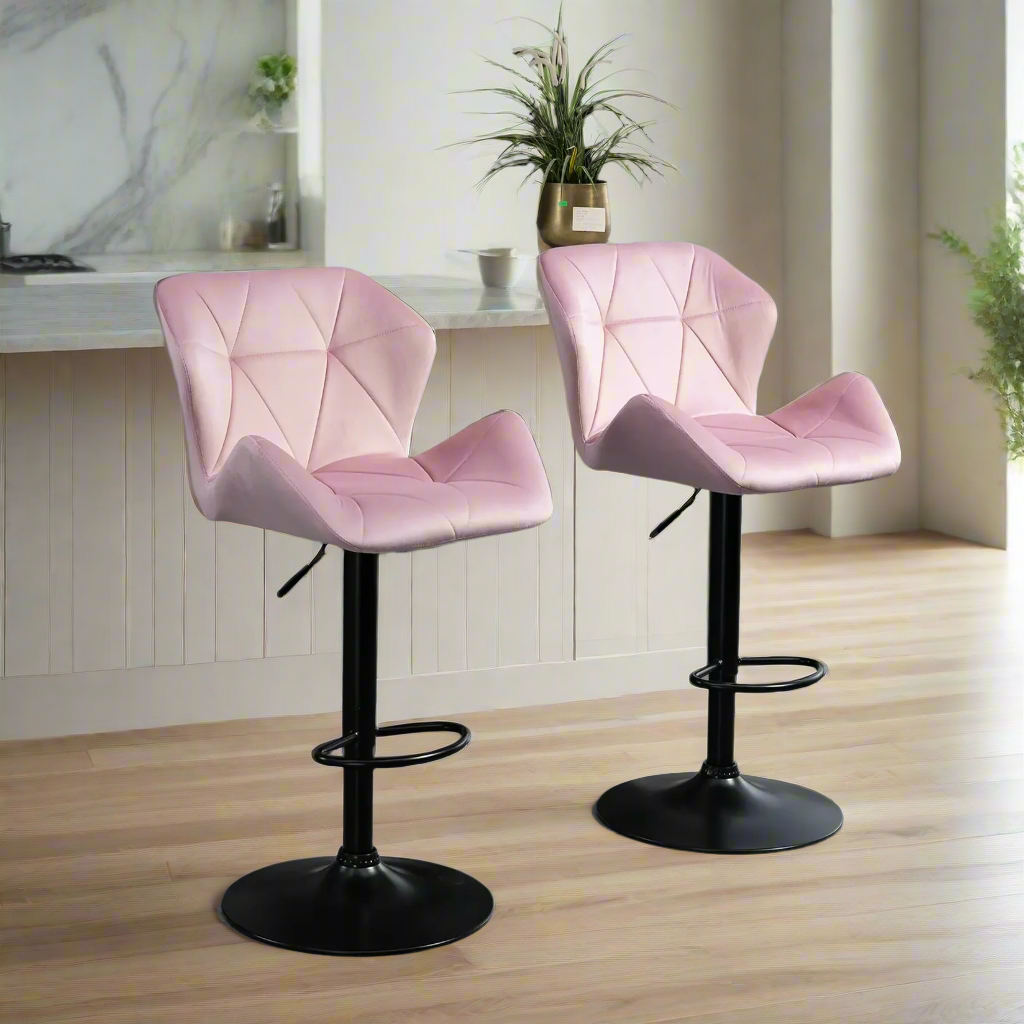 Velvet-Touch Adjustable Height Bar Stools with Diamond Tufting, Pink (Set of 2)