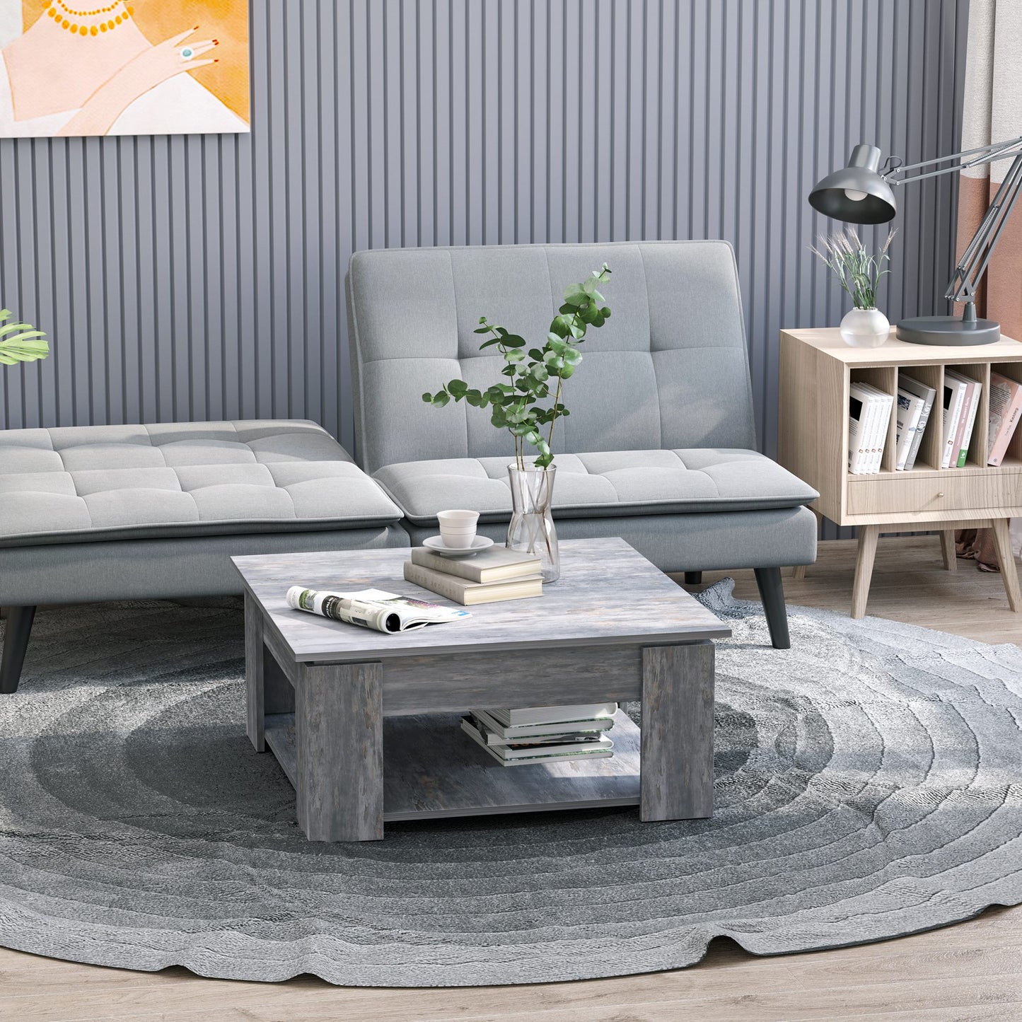Modern Square Coffee Table with Storage Shelf - Grey