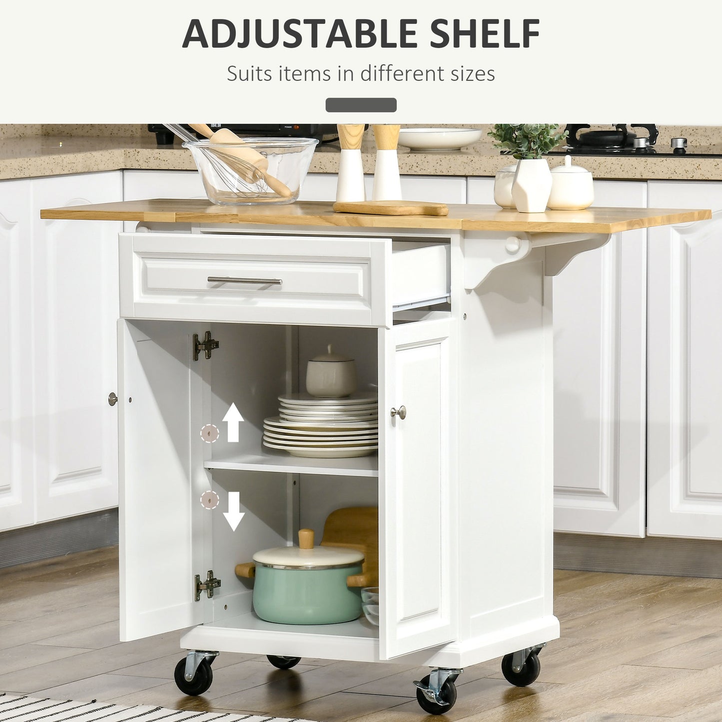 Kitchen Island Cart with Extended Counter, Drawer Cabinet and Towel Racks, White