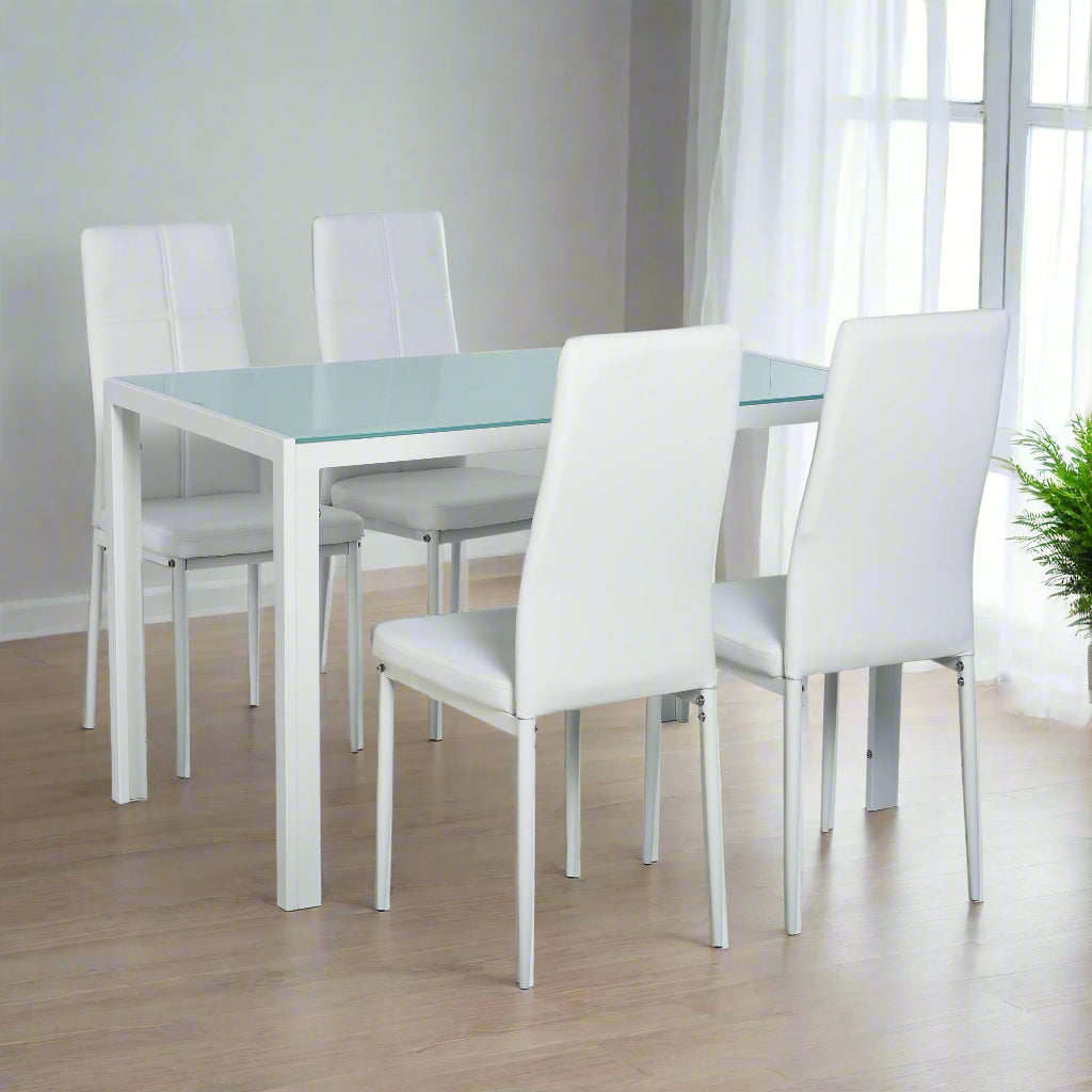 5-Piece White Glass Dining Table Set with Faux Leather Chairs