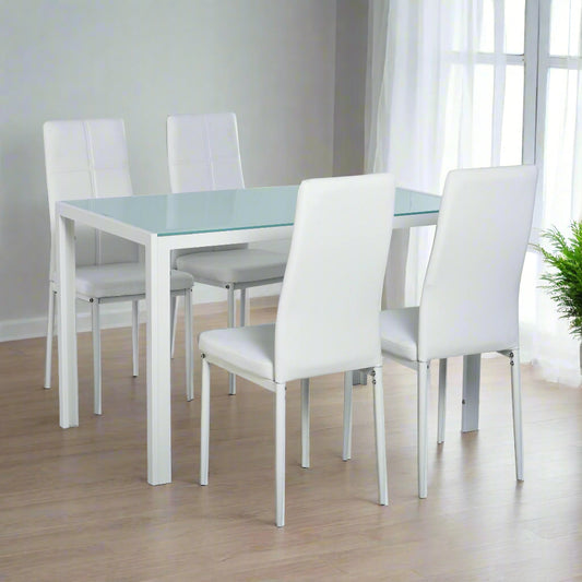 5-Piece White Glass Dining Table Set with Faux Leather Chairs