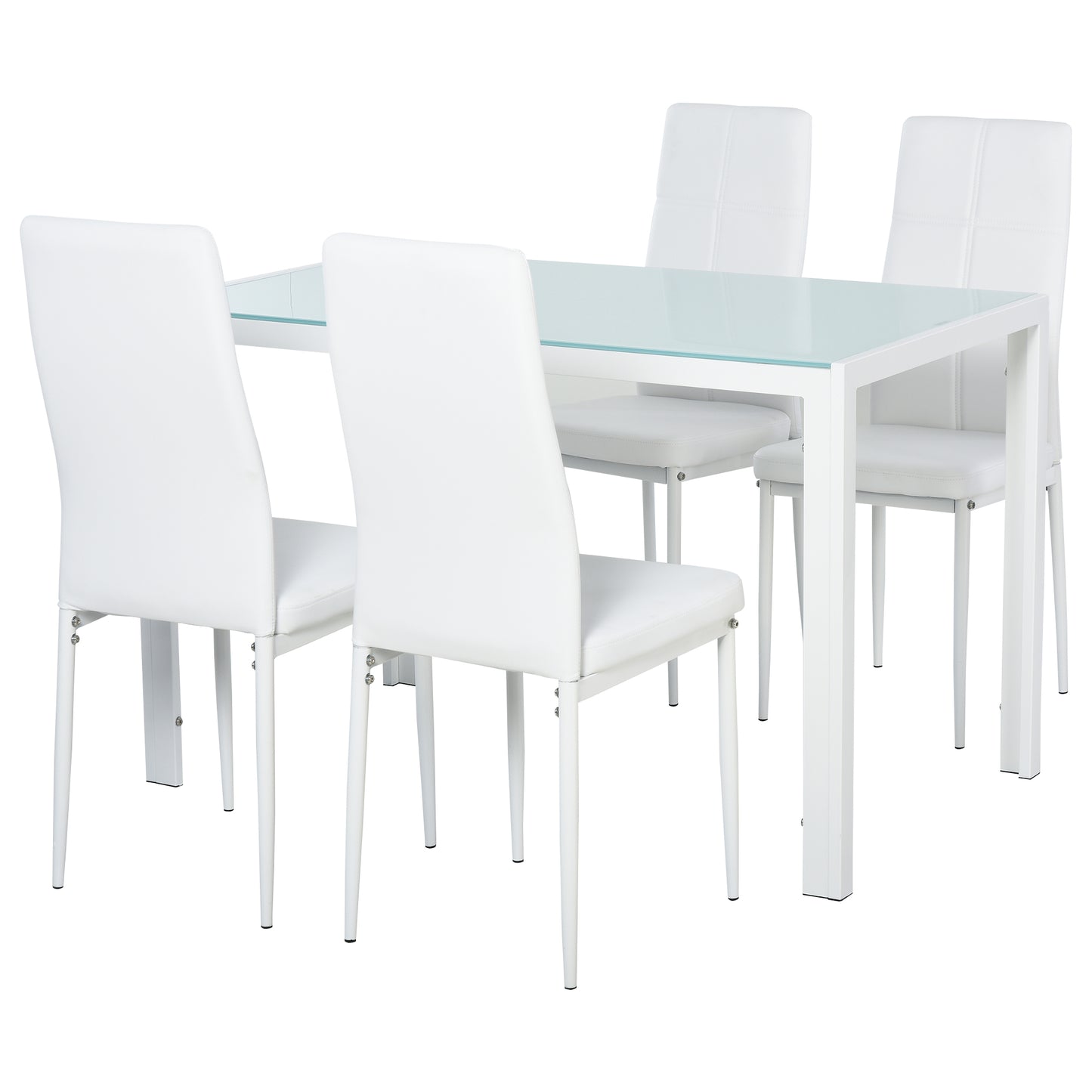 5-Piece White Glass Dining Table Set with Faux Leather Chairs