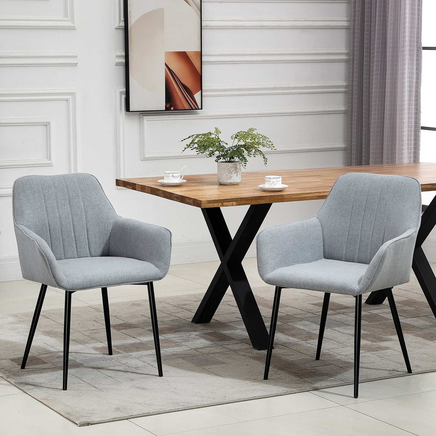 Linen Fabric Dining Chairs with Metal Legs, Light Grey (Set of 2)