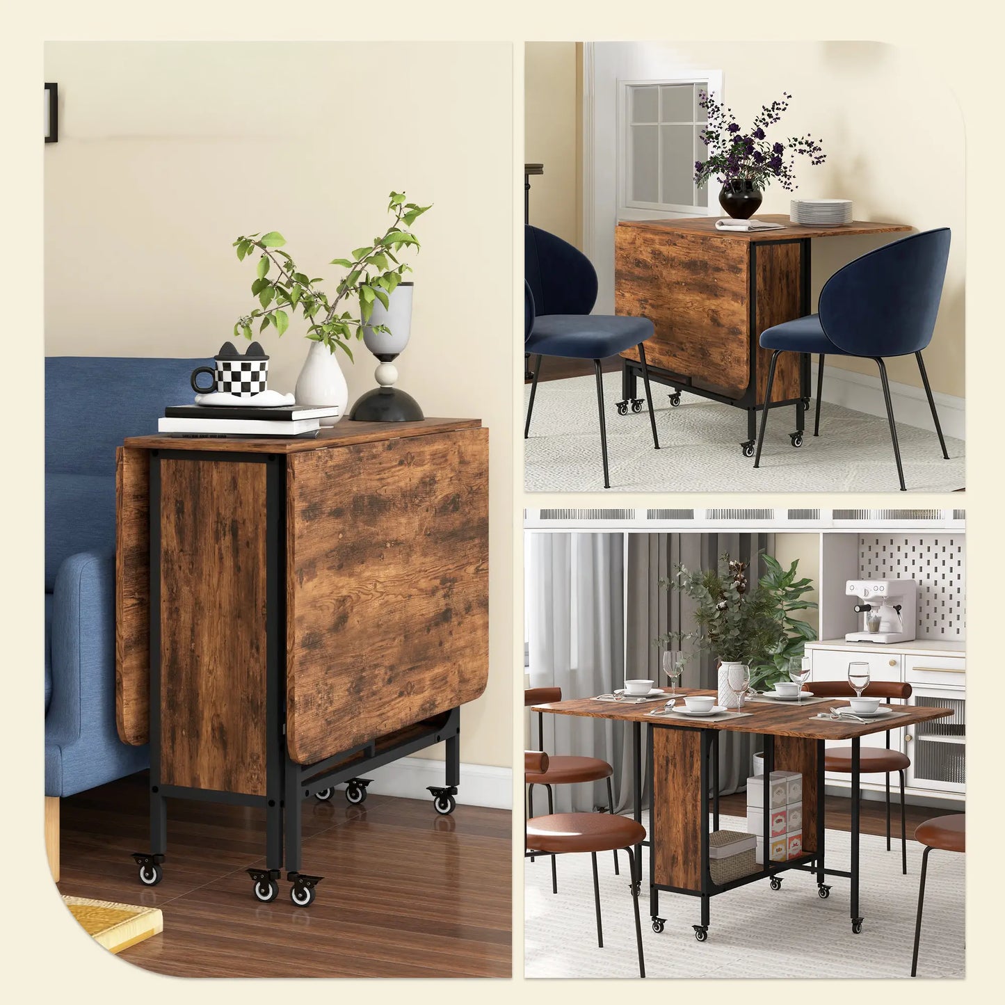 Folding Dining Table with Storage Shelf and 6 Wheels - Rustic Brown